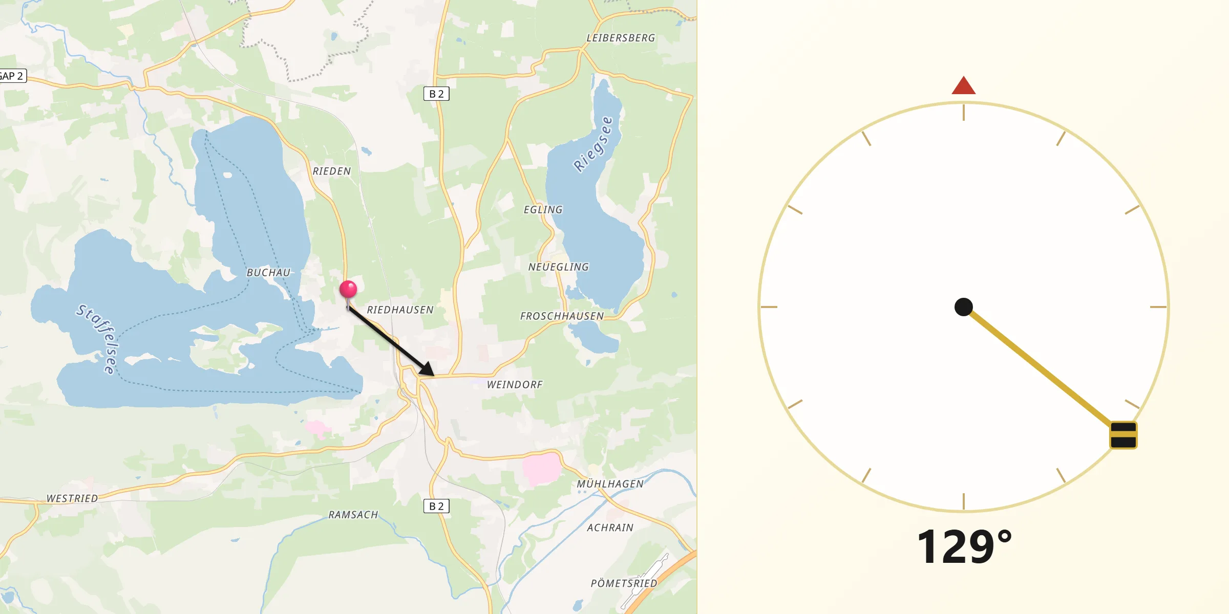 Qibla-Richtung von Seehausen am Staffelsee