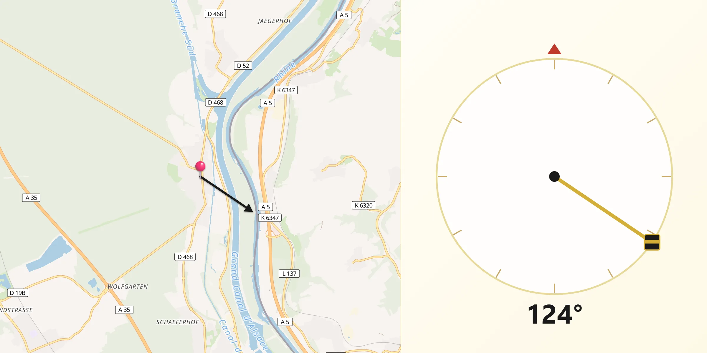 Direction vers la Qibla depuis Kembs