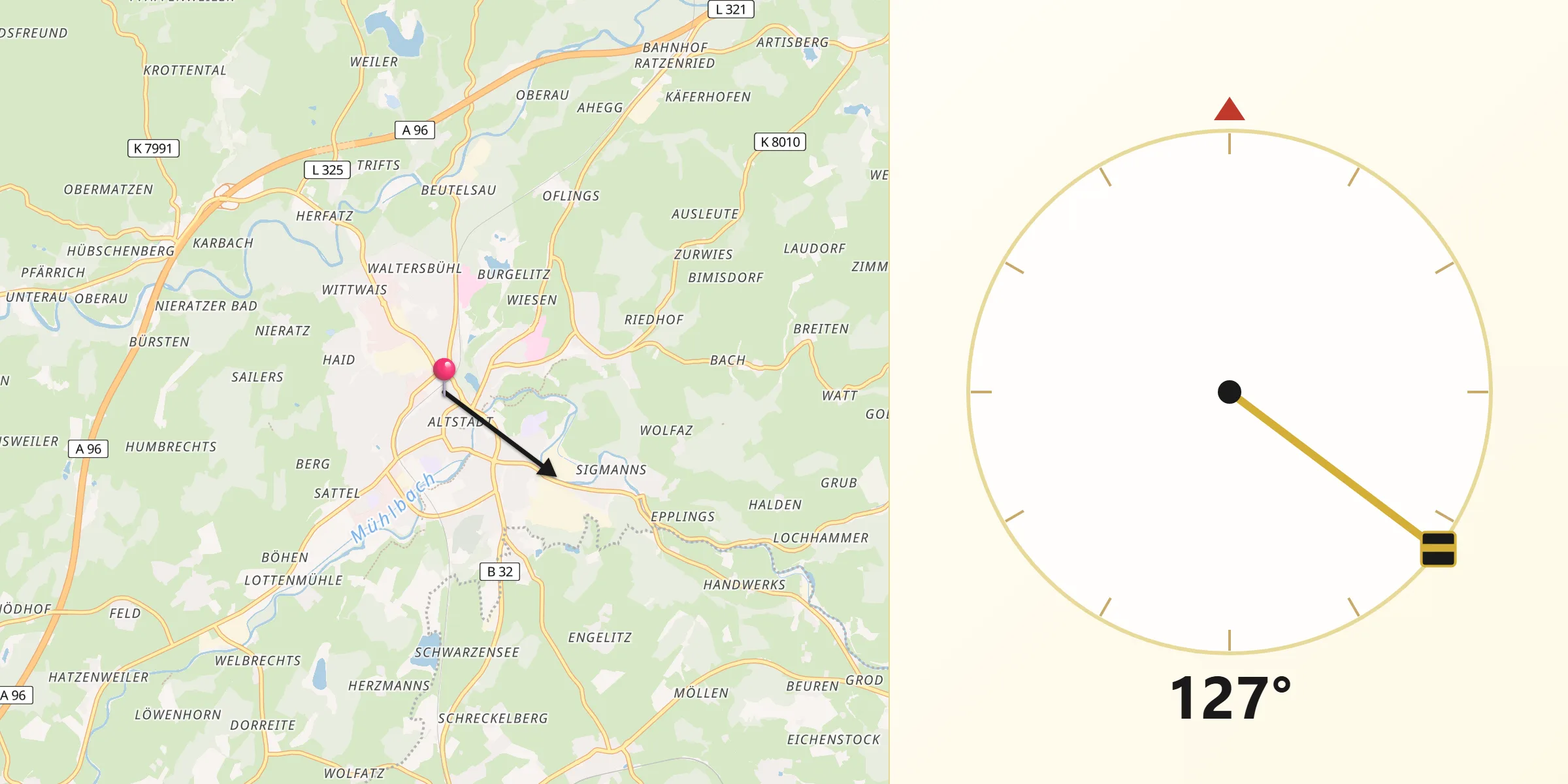 Qibla-Richtung von Wangen im Allgäu