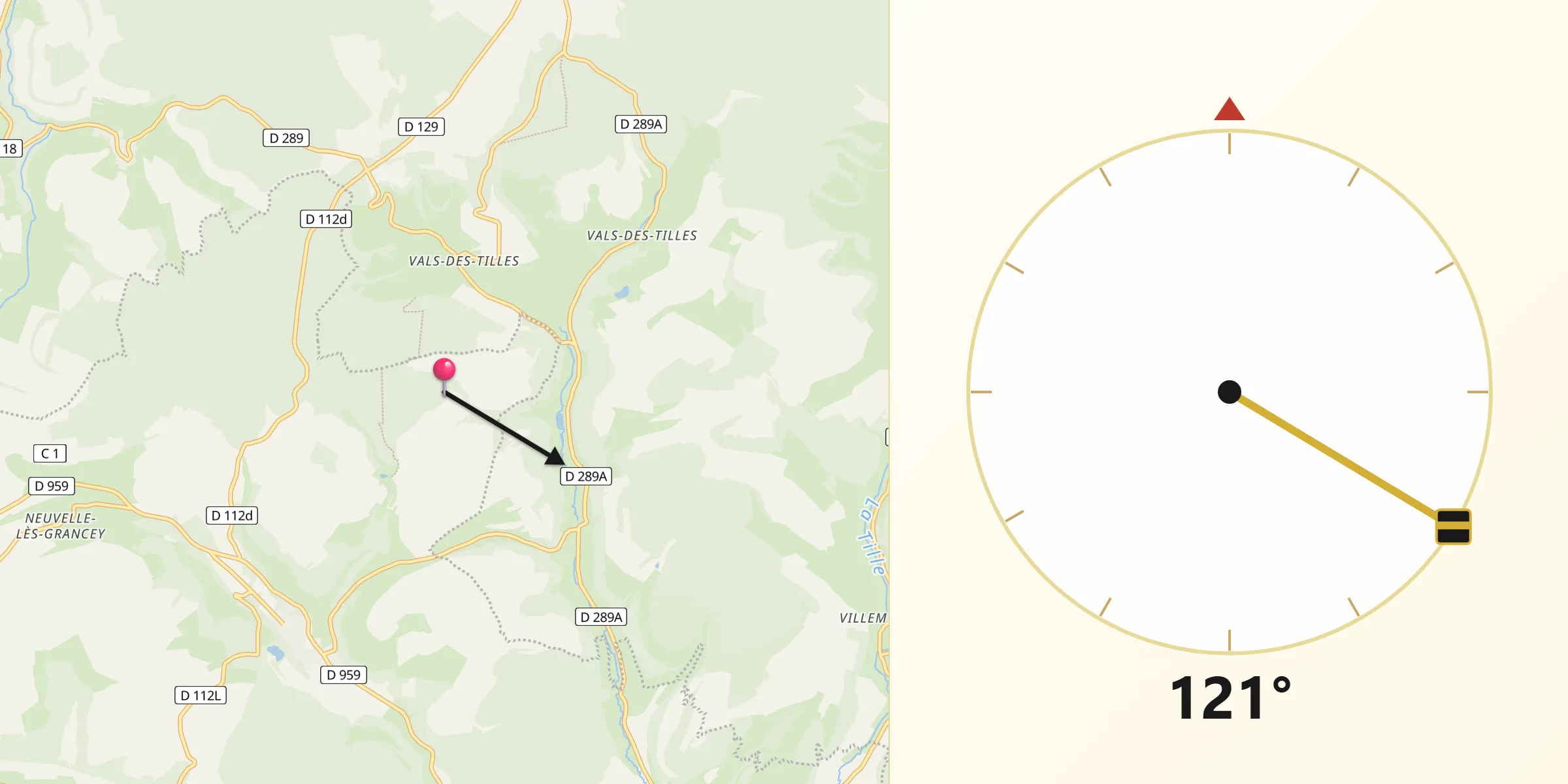Direction vers la Qibla depuis Vals-des-Tilles