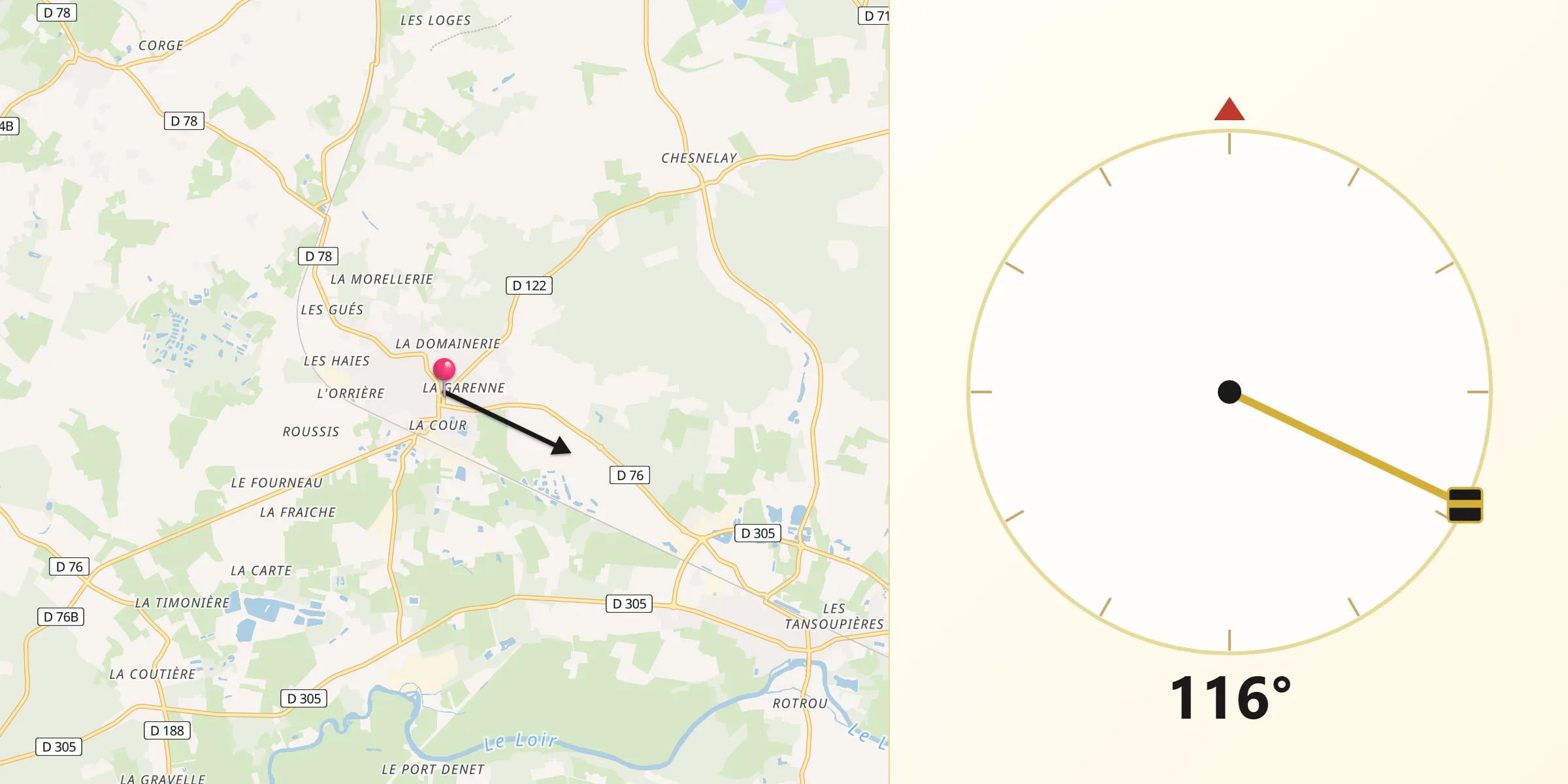 Direction vers la Qibla depuis Aubigné-Racan