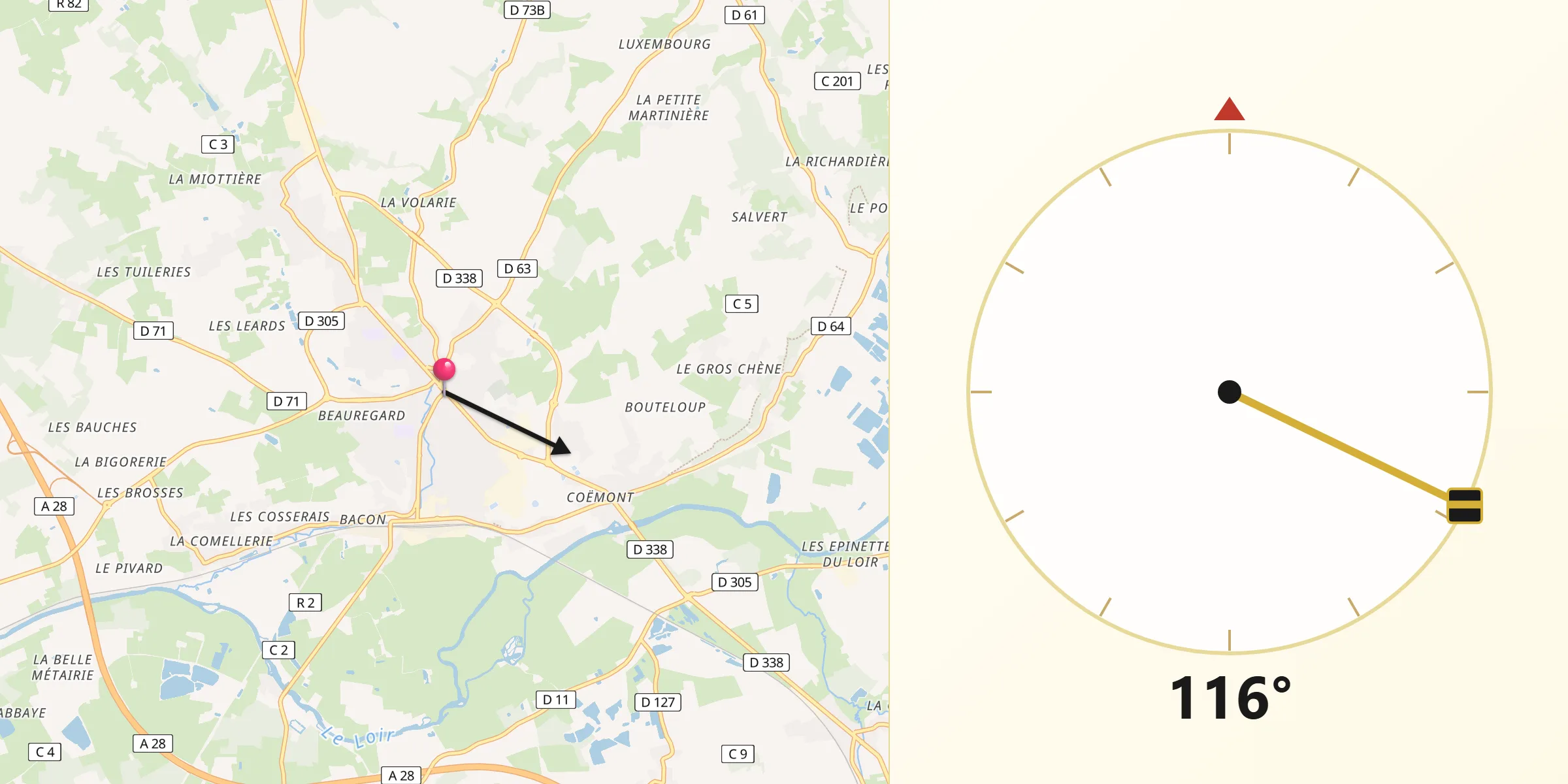 Direction vers la Qibla depuis Château-du-Loir