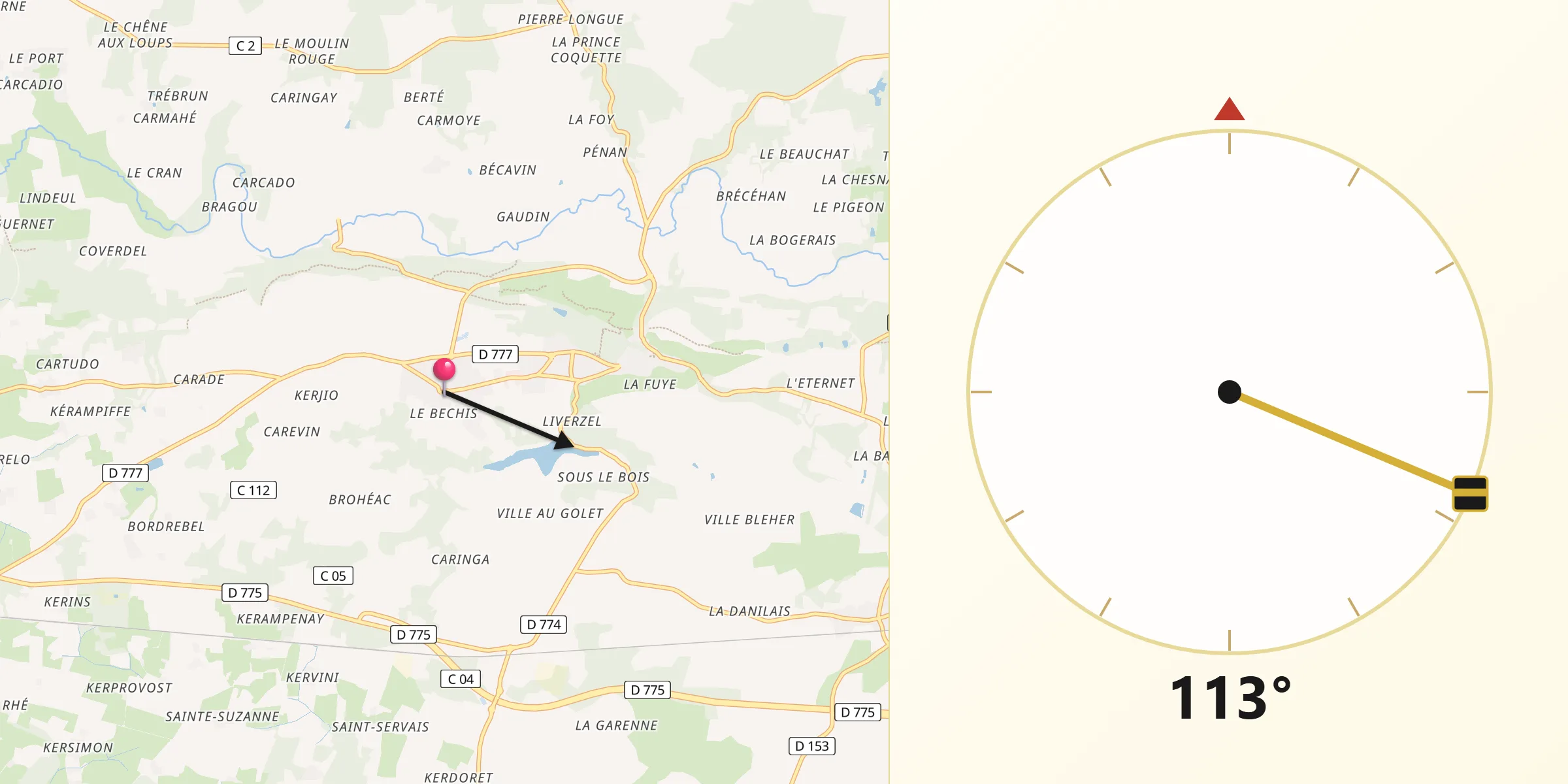 Direction vers la Qibla depuis Pluherlin