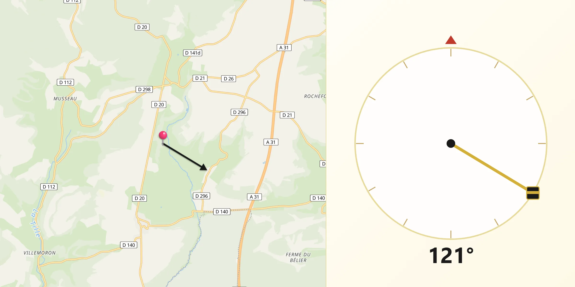 Direction vers la Qibla depuis Vesvres-sous-Chalancey