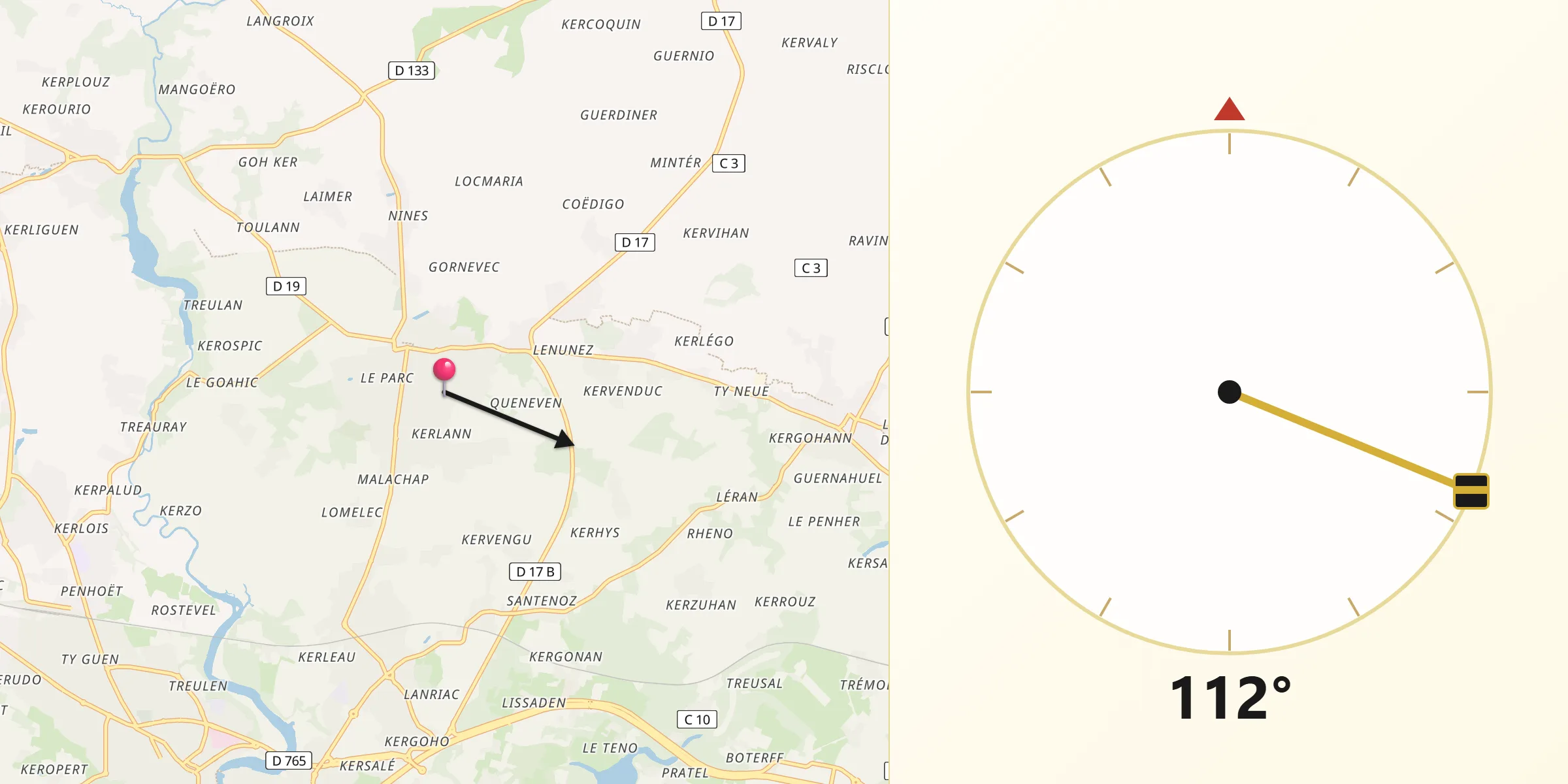 Direction vers la Qibla depuis Sainte-Anne-d'Auray