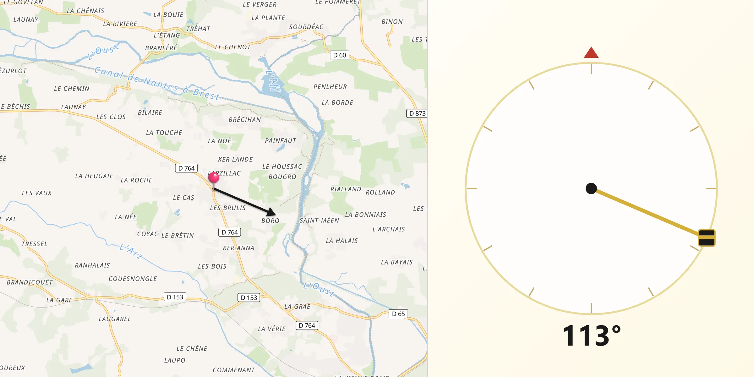 Direction vers la Qibla depuis Saint-Vincent-sur-Oust