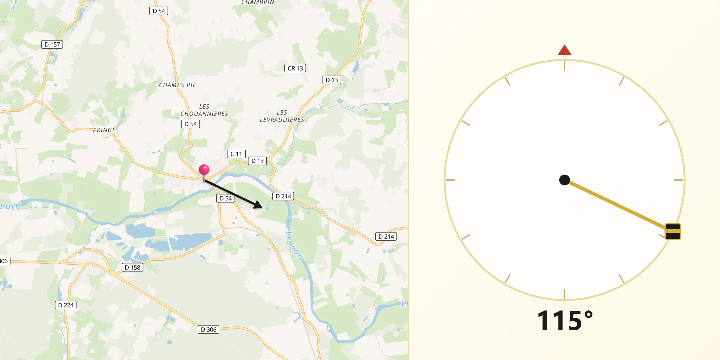 Direction vers la Qibla depuis Luché-Pringé