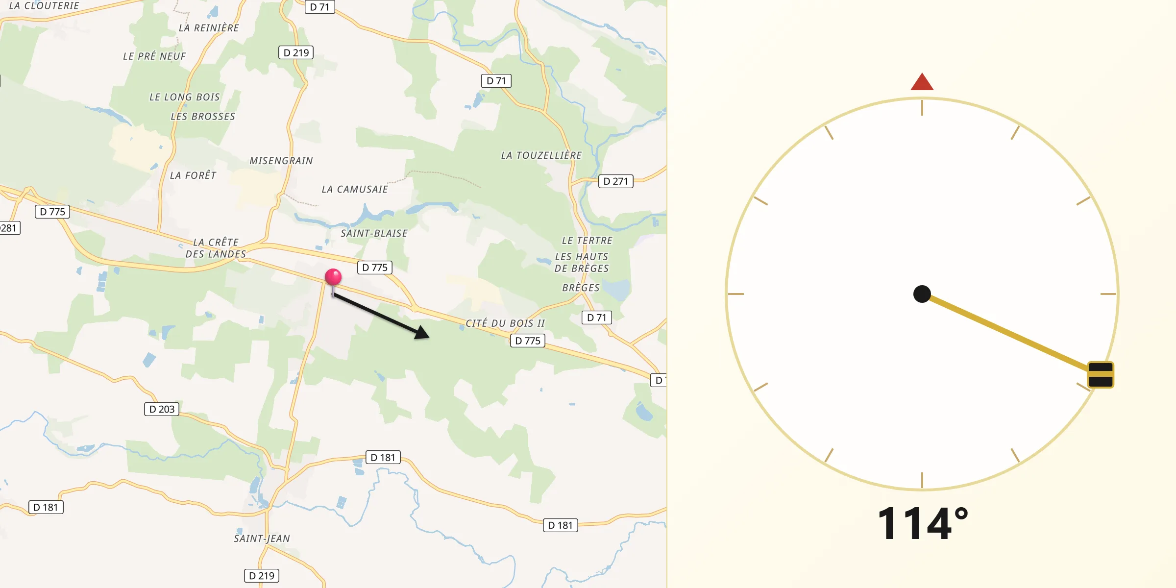 Direction vers la Qibla depuis Noyant-la-Gravoyère