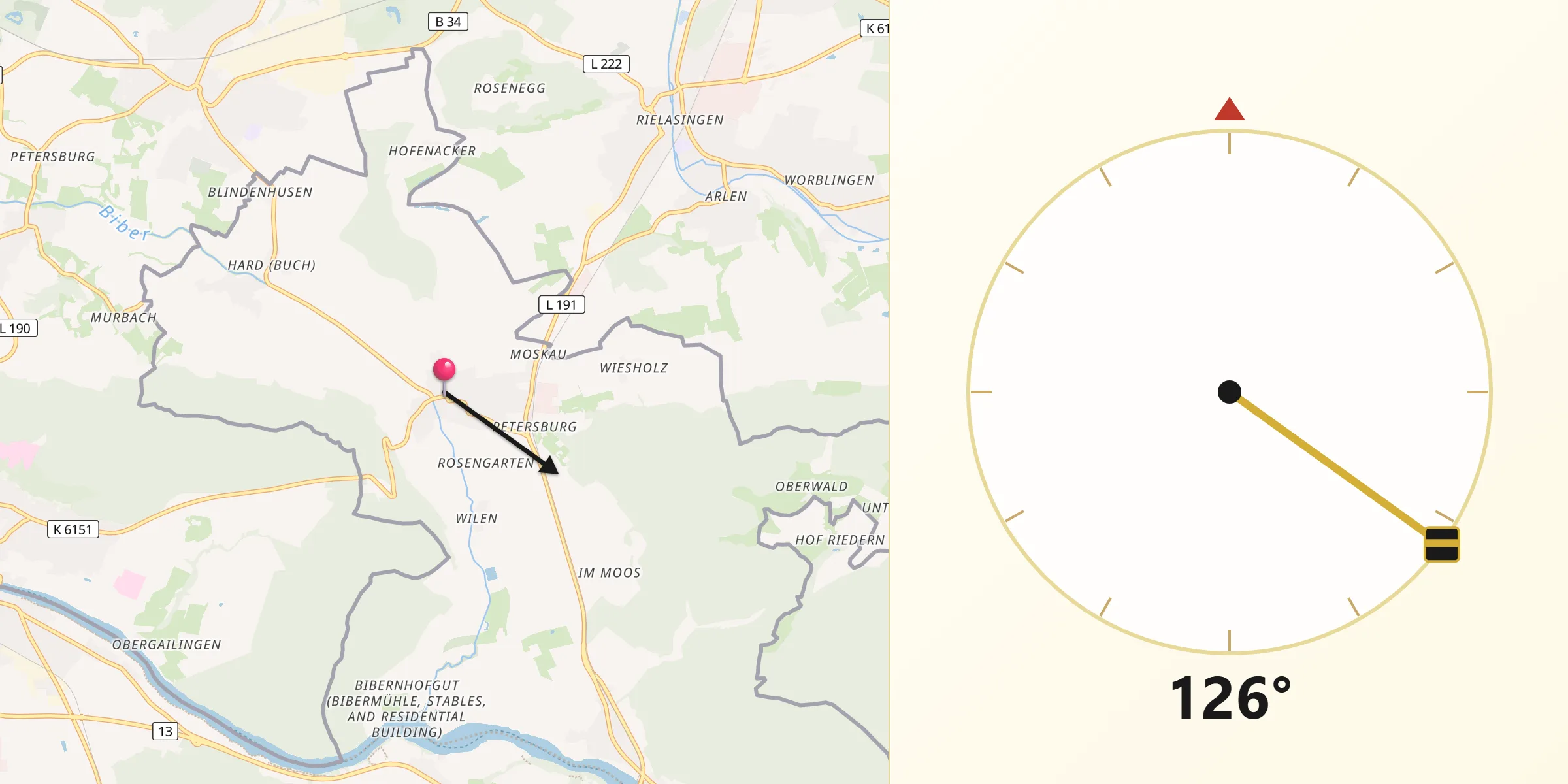Direction vers la Qibla depuis Ramsen