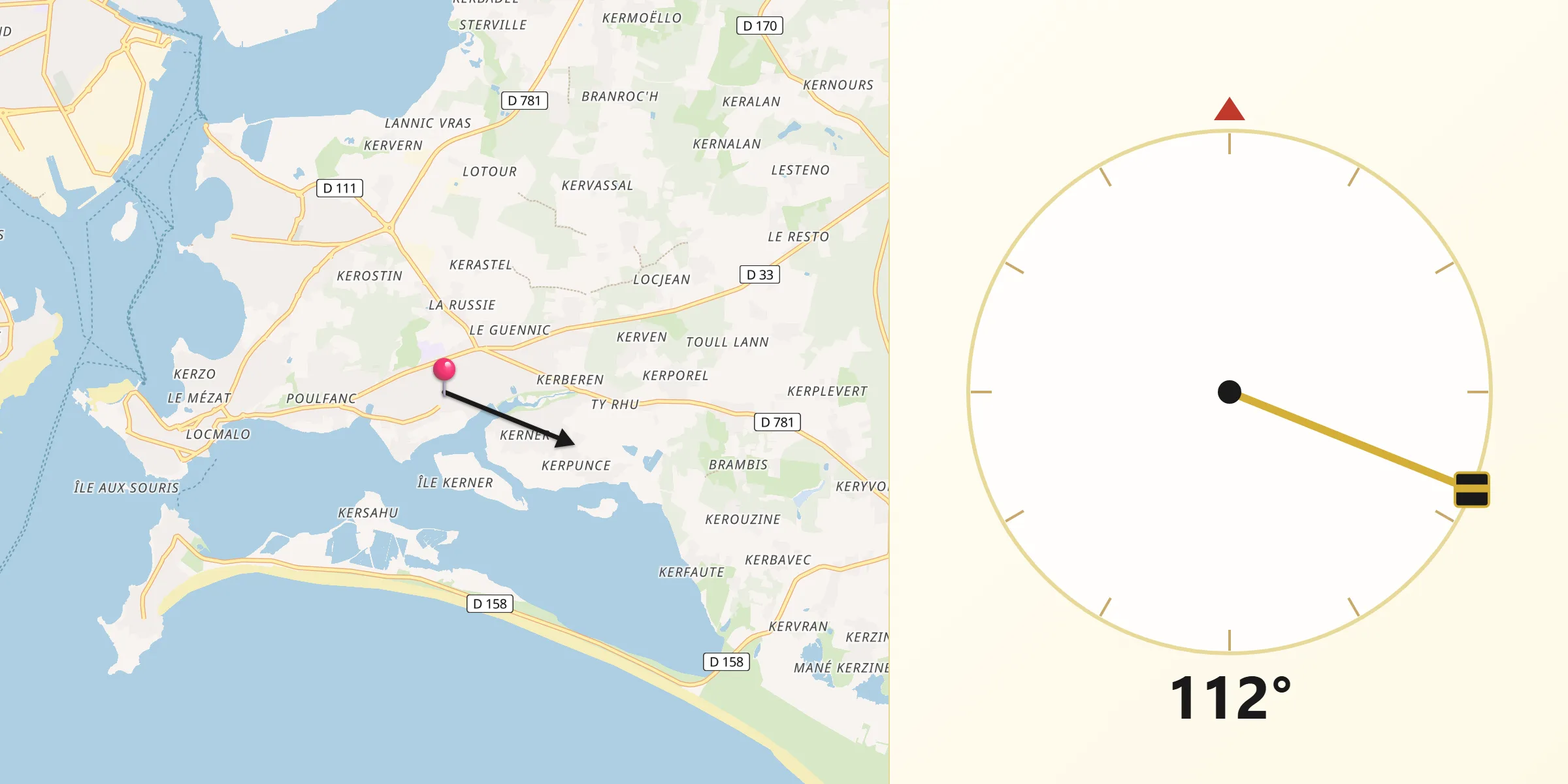 Direction vers la Qibla depuis Riantec