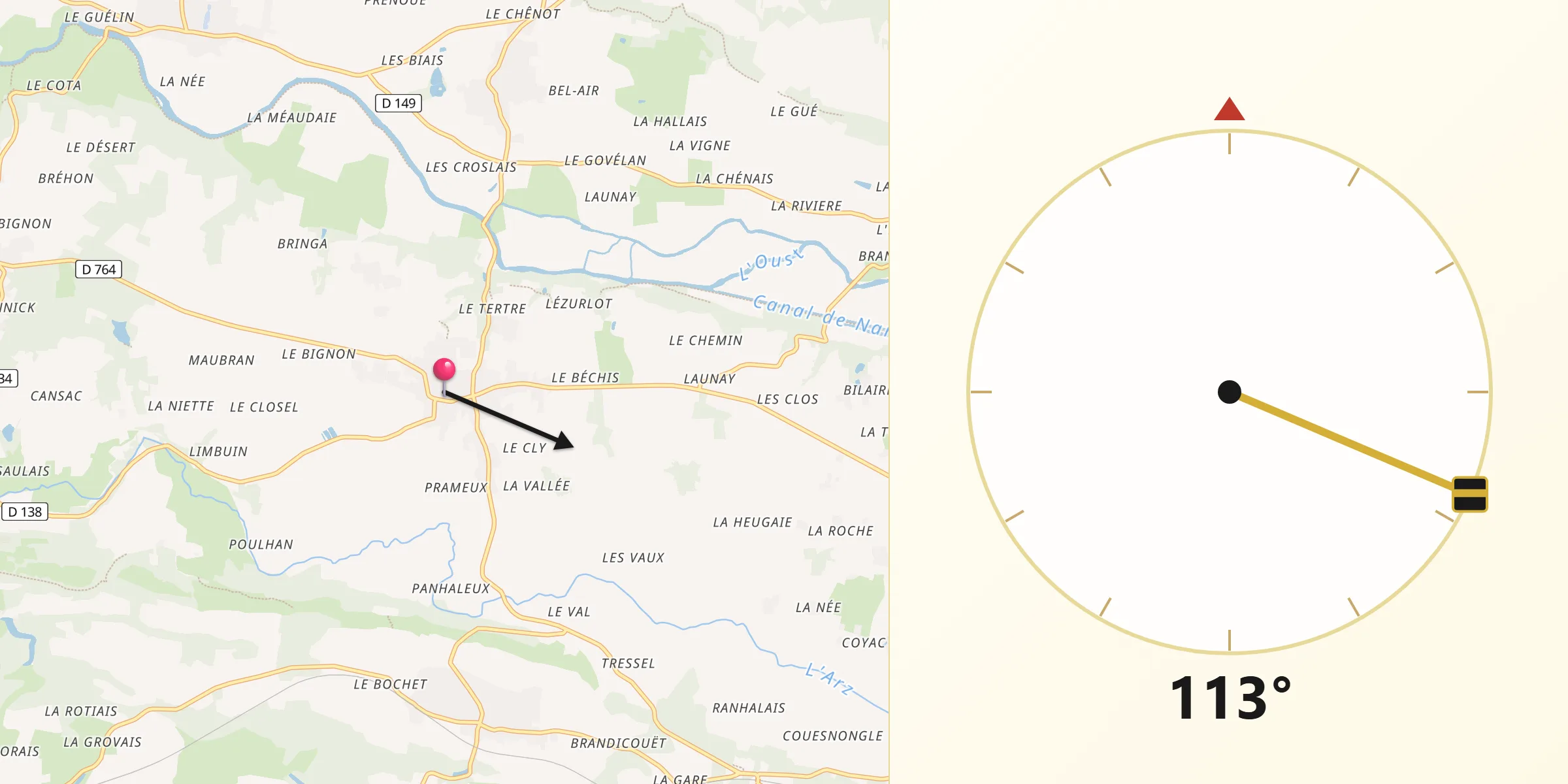 Direction vers la Qibla depuis Peillac