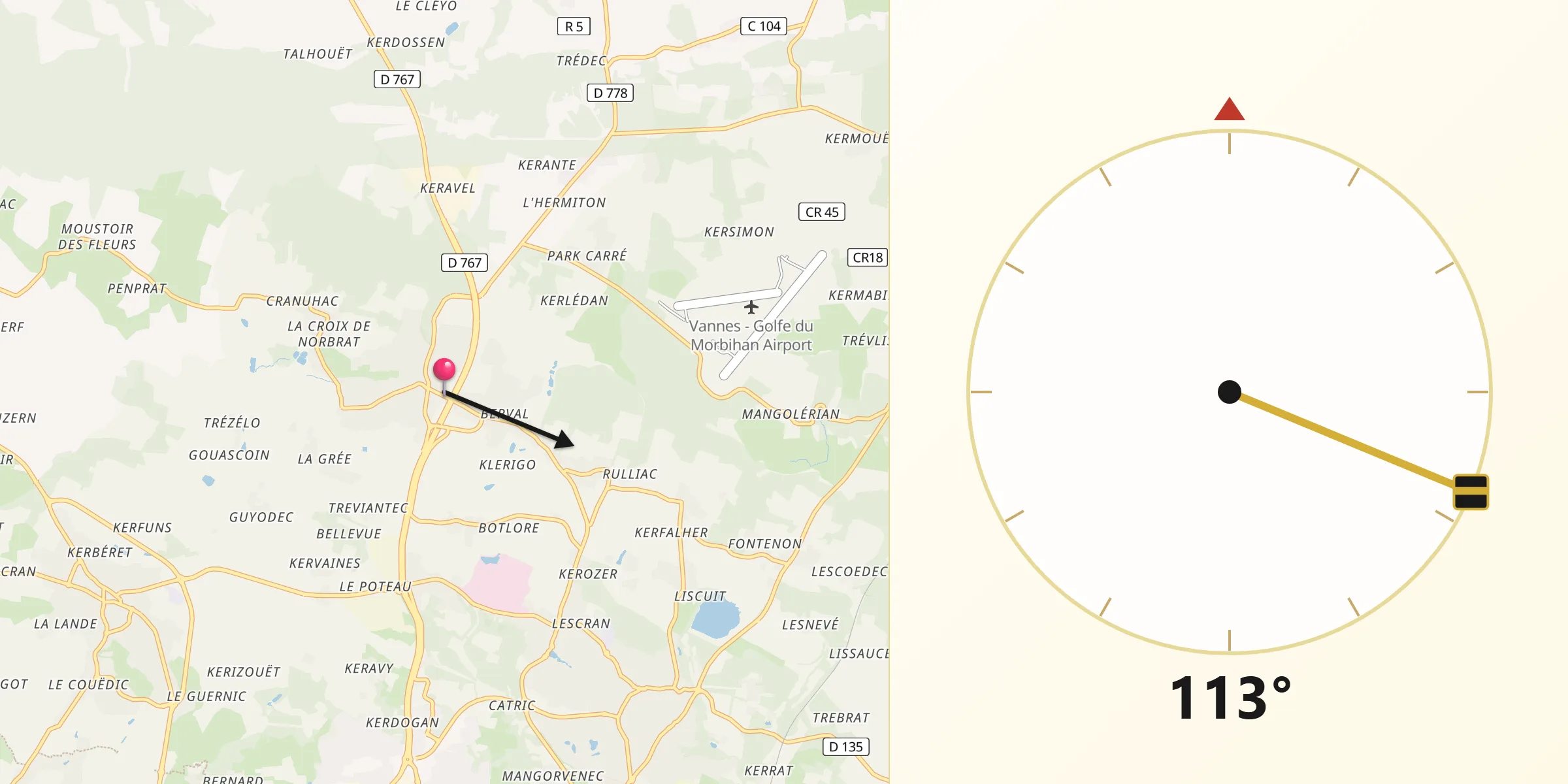 Direction vers la Qibla depuis Meucon