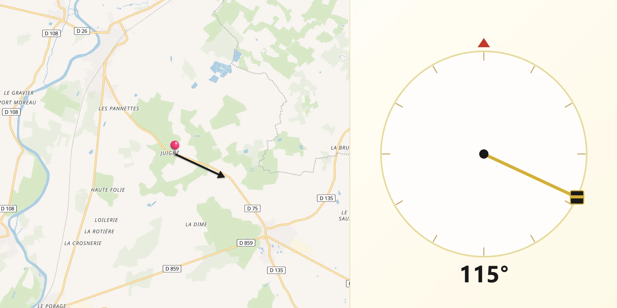 Direction vers la Qibla depuis Juigné