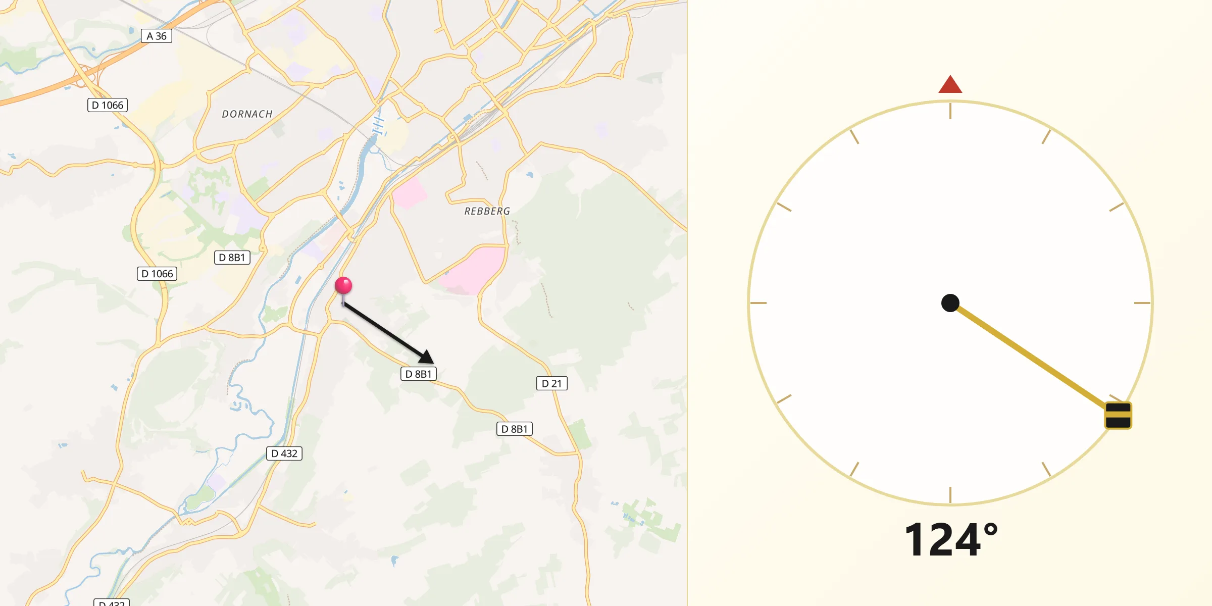 Direction vers la Qibla depuis Brunstatt