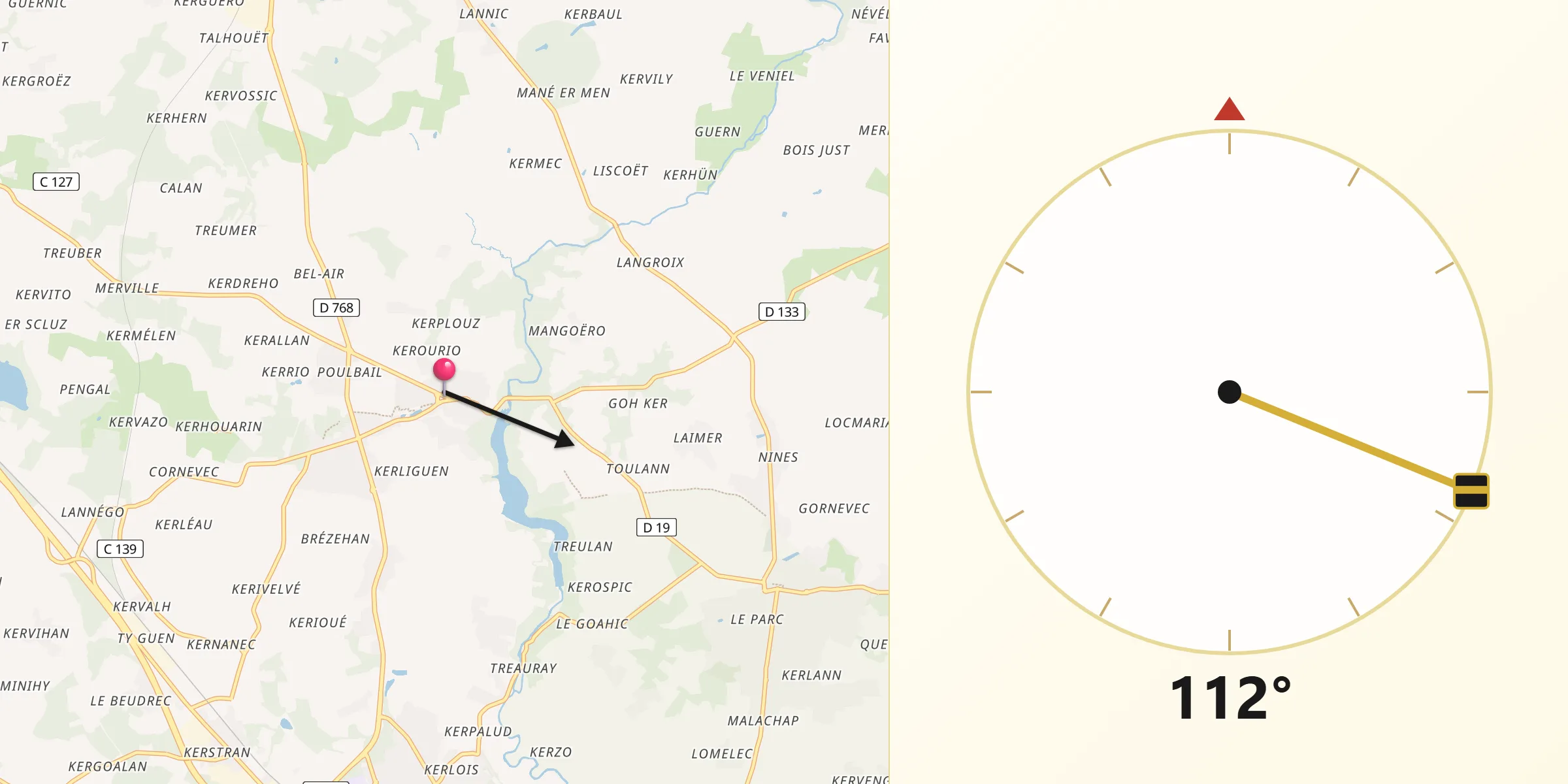 Direction vers la Qibla depuis Brech