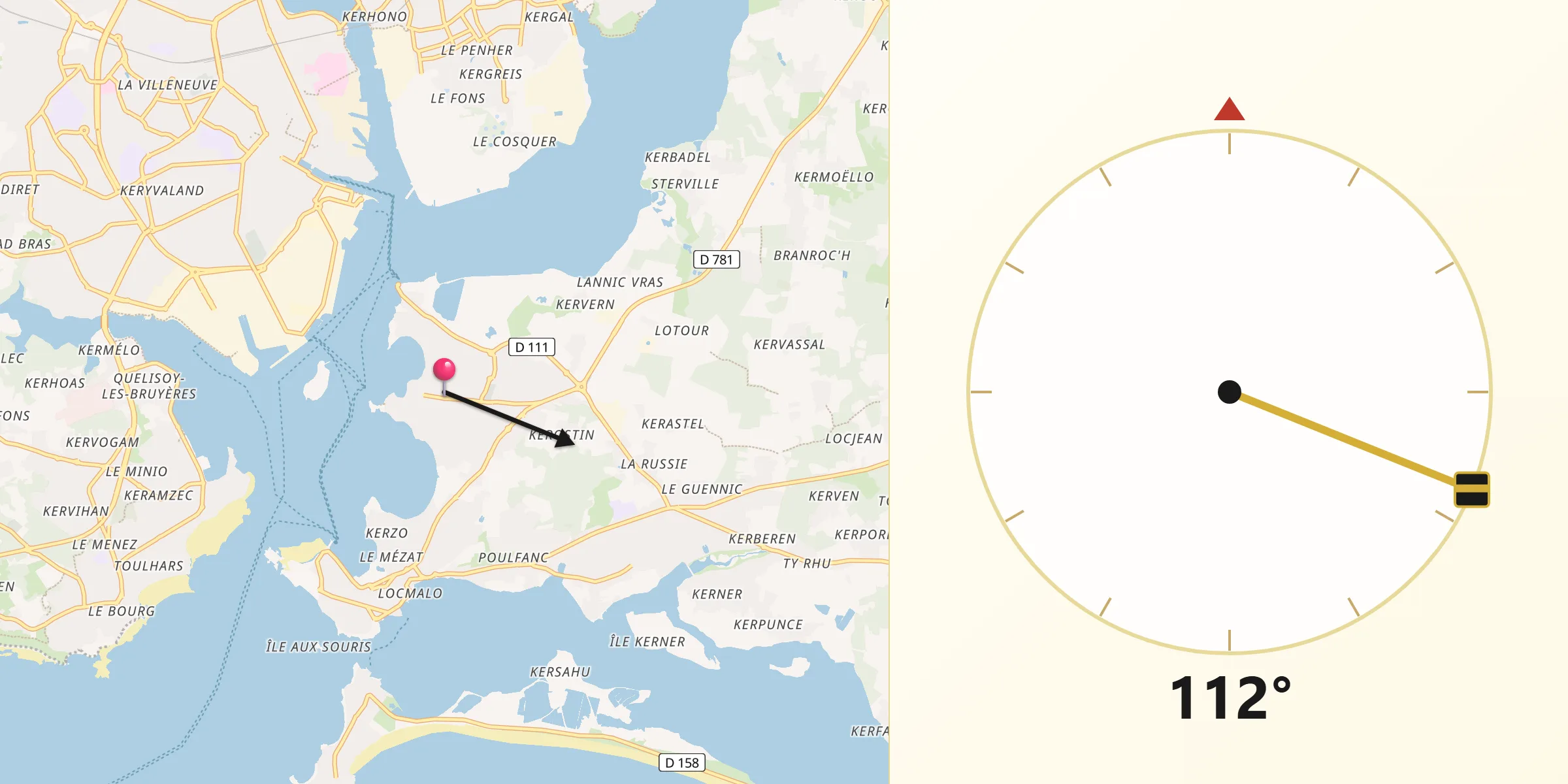 Direction vers la Qibla depuis Locmiquélic