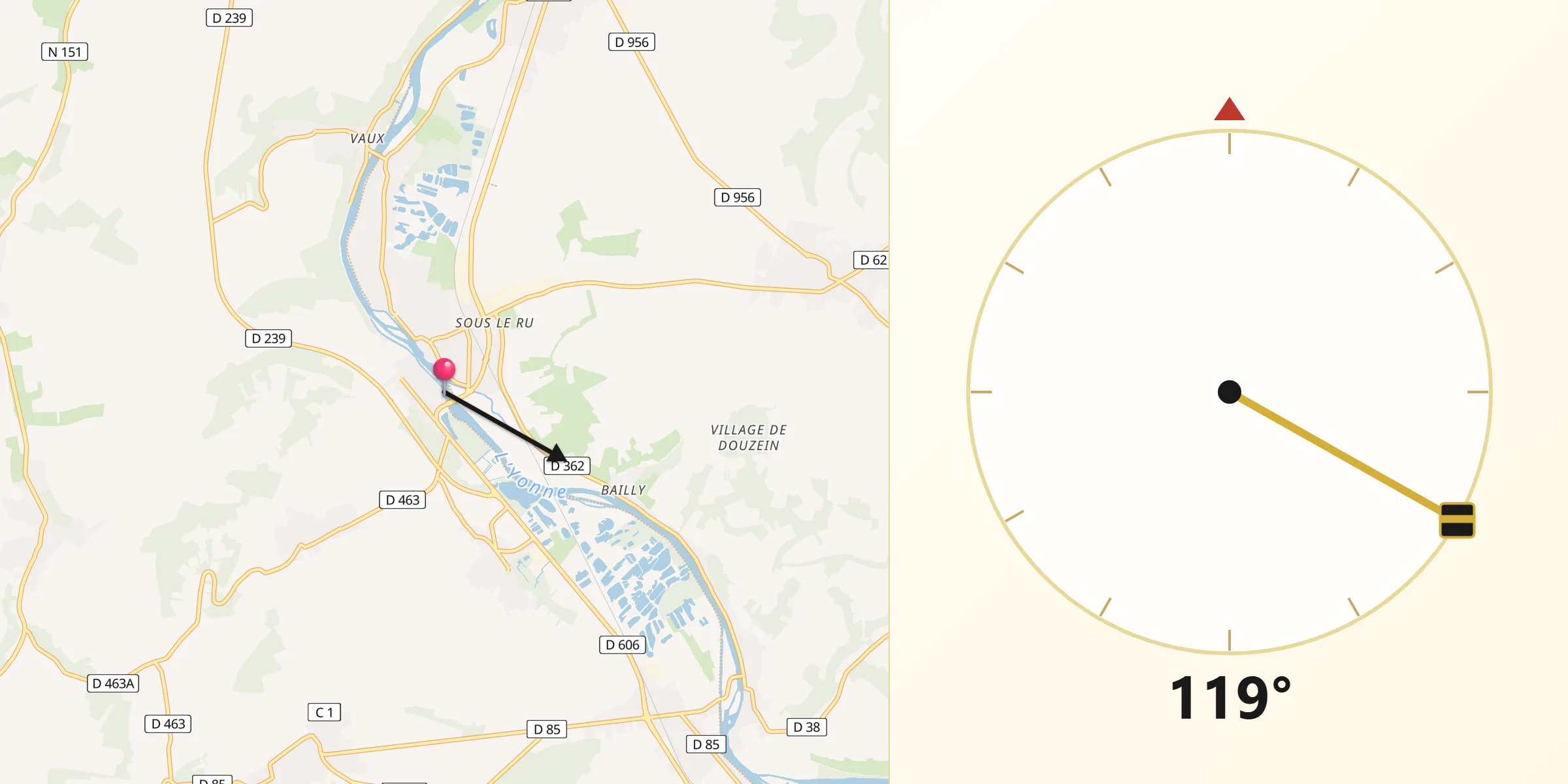 Direction vers la Qibla depuis Champs-sur-Yonne