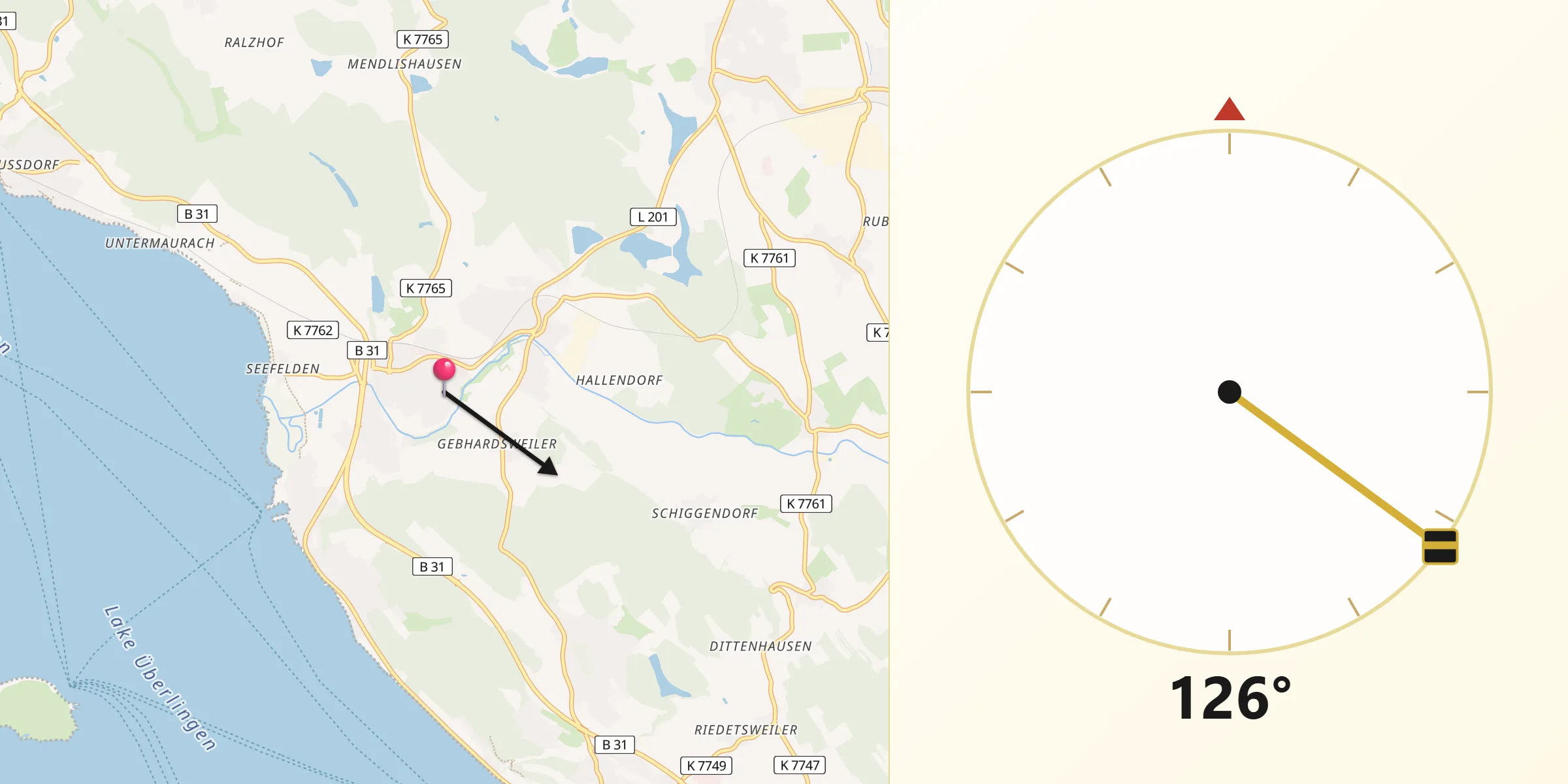 Qibla-Richtung von Uhldingen-Mühlhofen