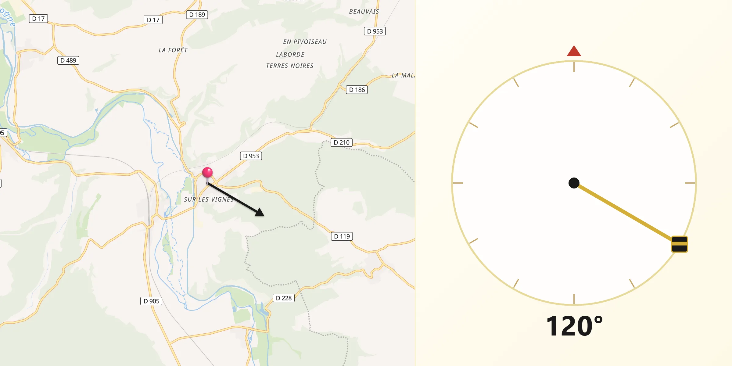 Direction vers la Qibla depuis Ravières