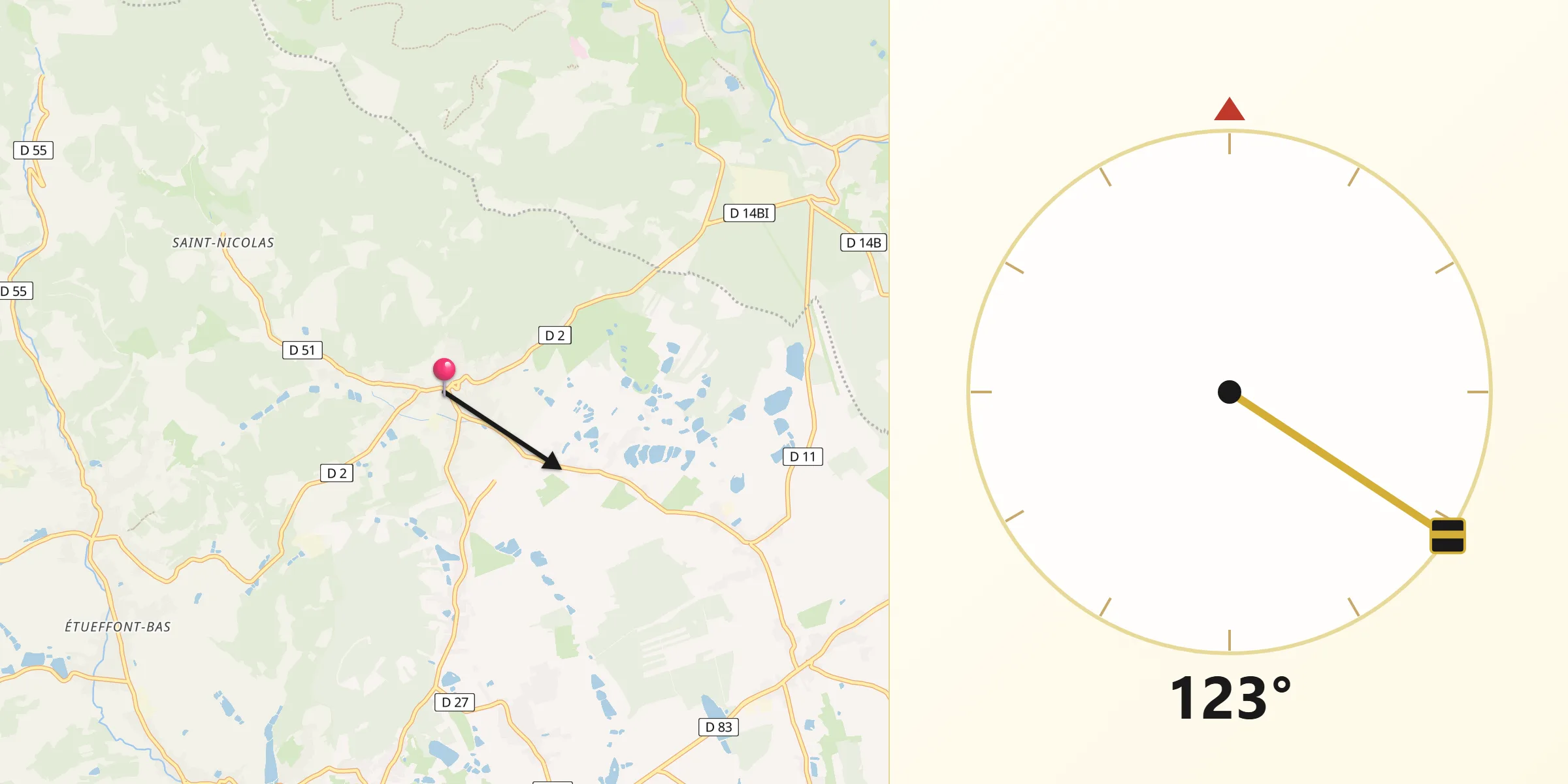 Direction vers la Qibla depuis Rougemont-le-Château