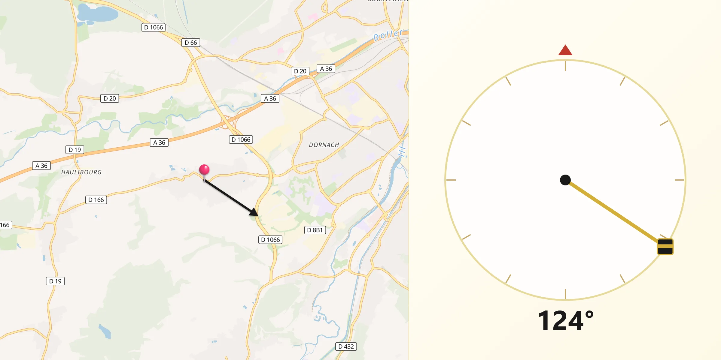 Direction vers la Qibla depuis Morschwiller-le-Bas