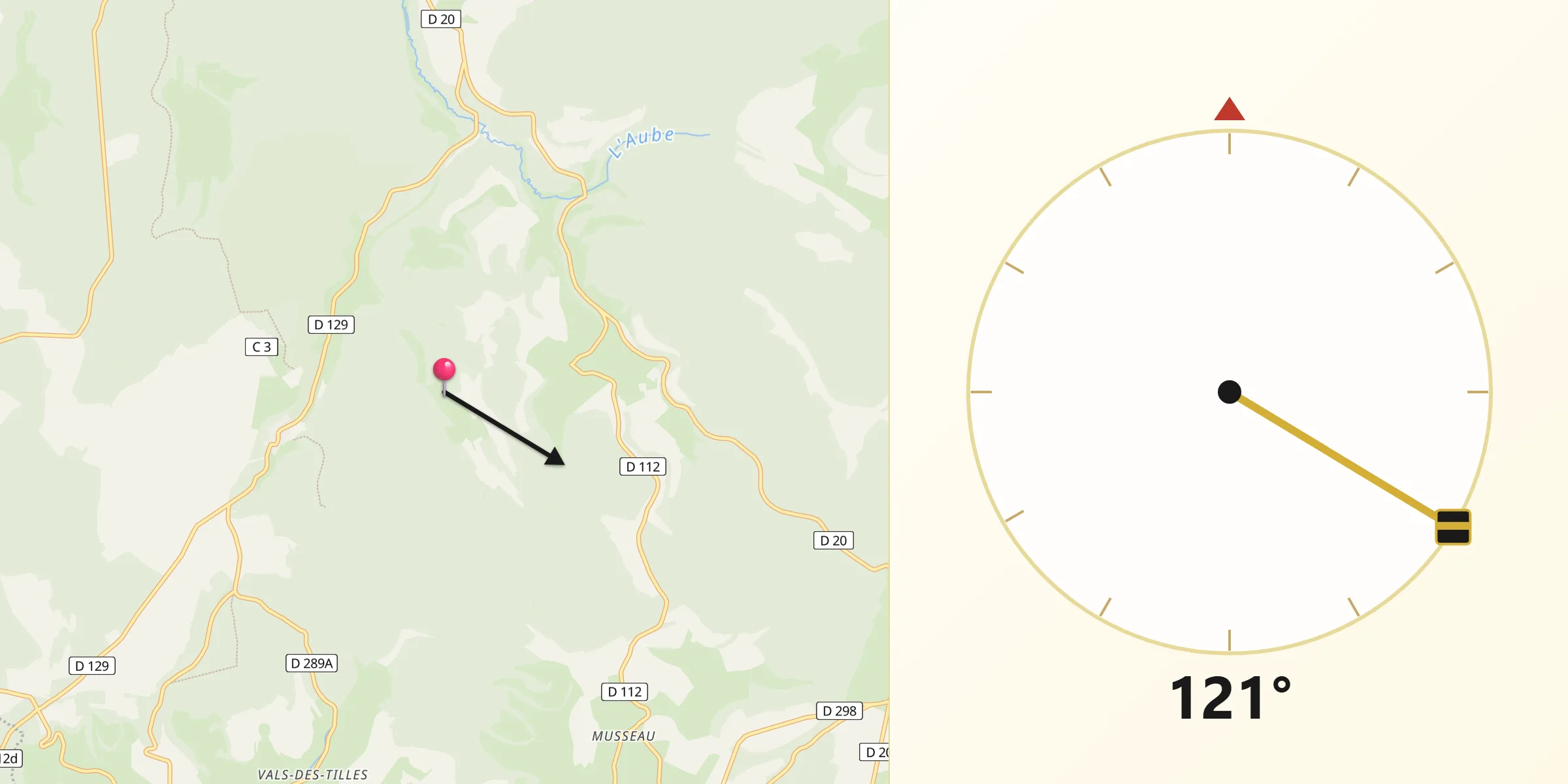 Direction vers la Qibla depuis Praslay
