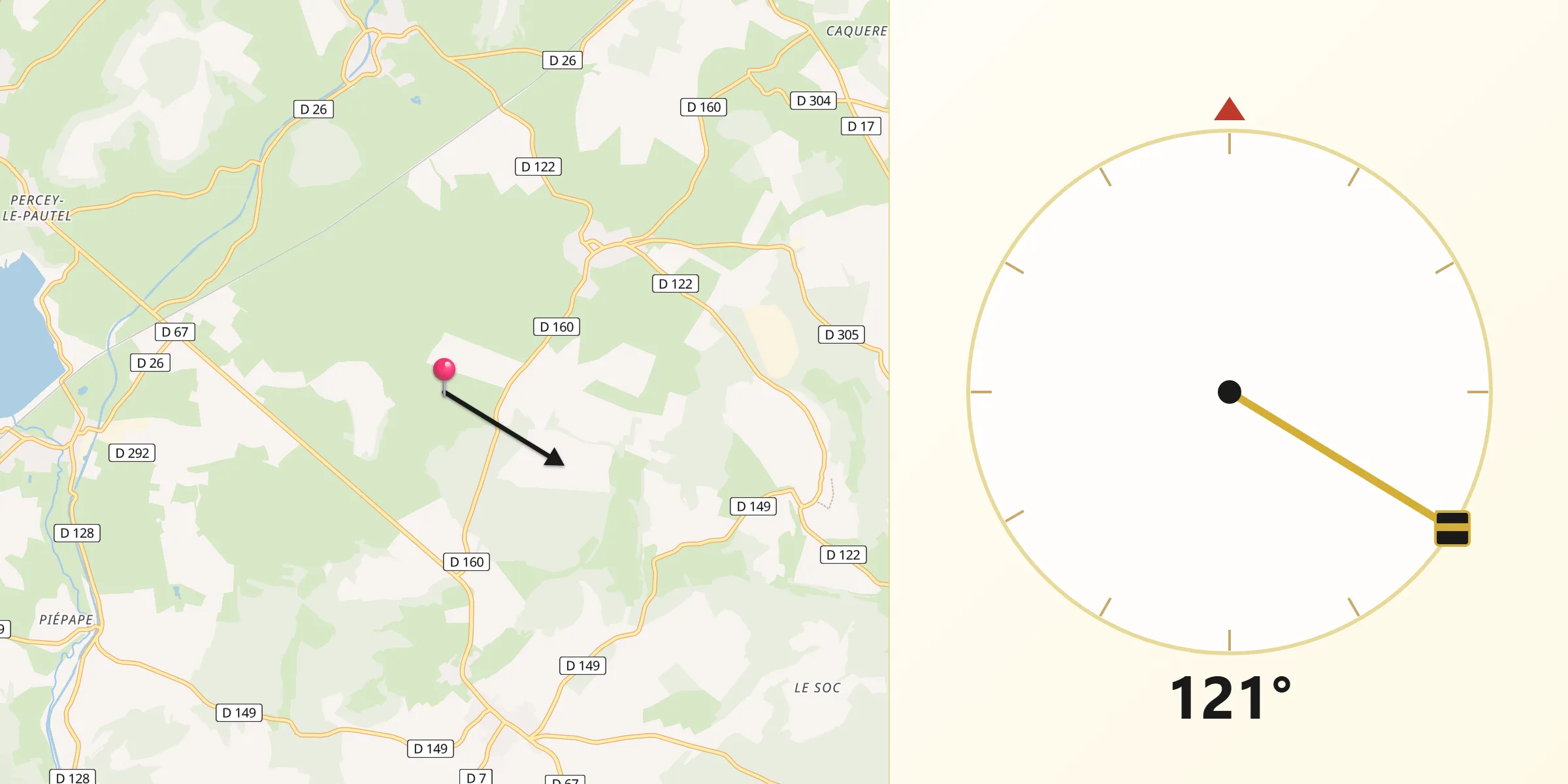 Direction vers la Qibla depuis Rivières-le-Bois