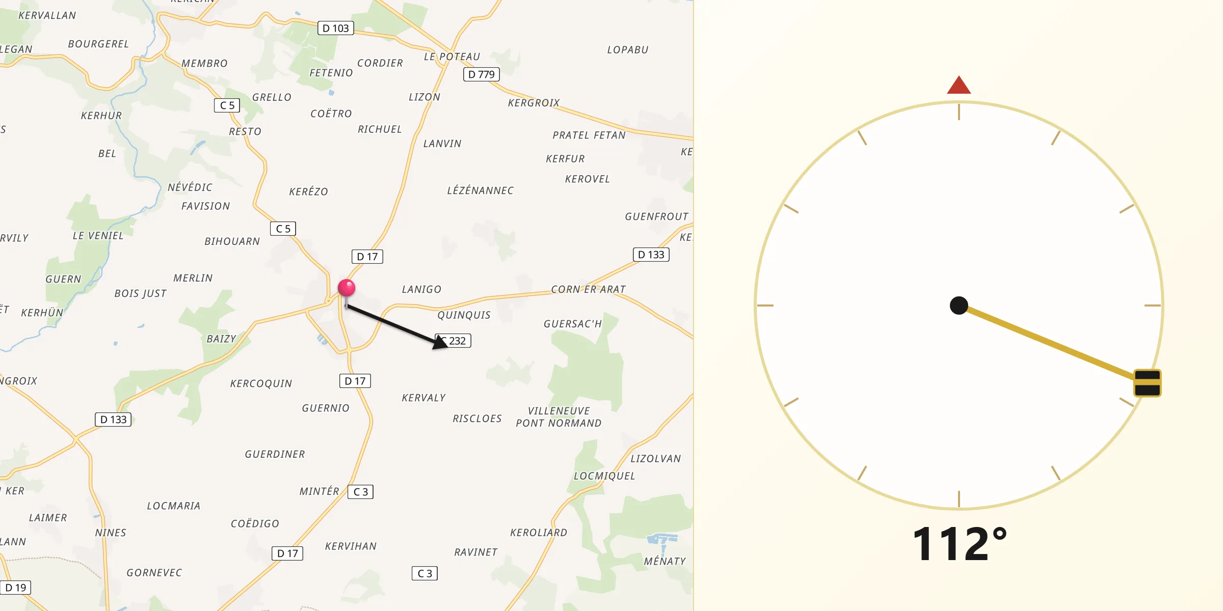 Direction vers la Qibla depuis Plumergat