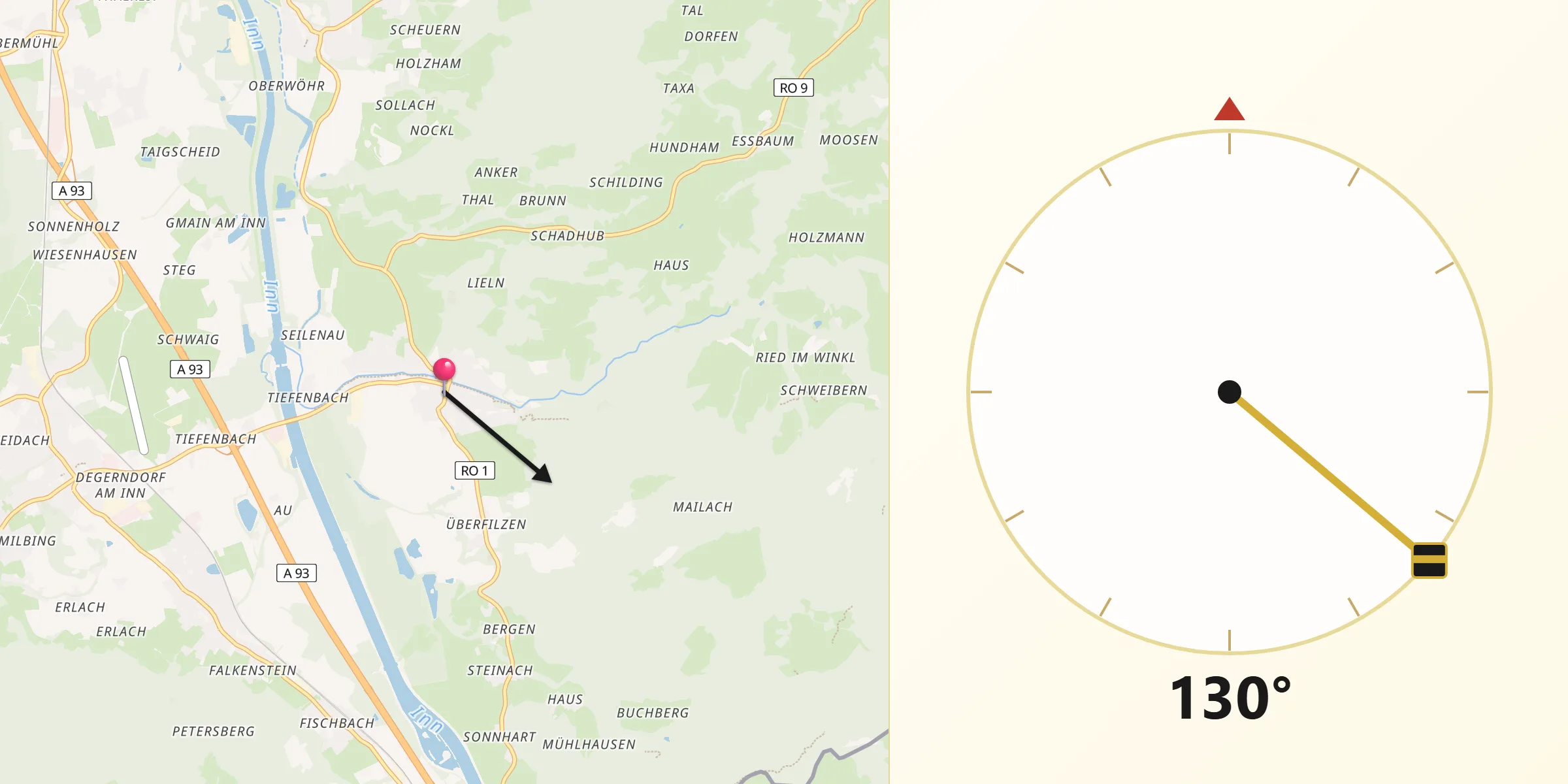 Qibla-Richtung von Nußdorf am Inn