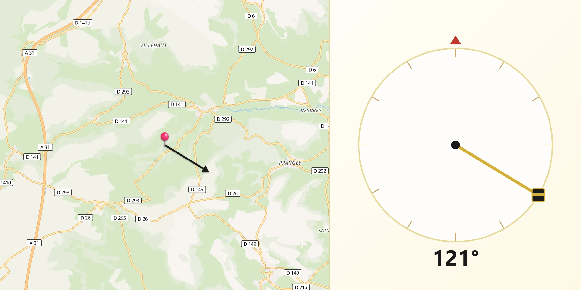 Direction vers la Qibla depuis Villegusien-le-Lac