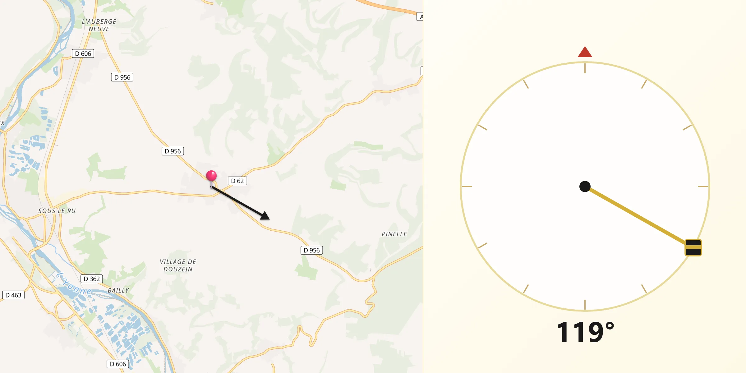 Direction vers la Qibla depuis Saint-Bris-le-Vineux