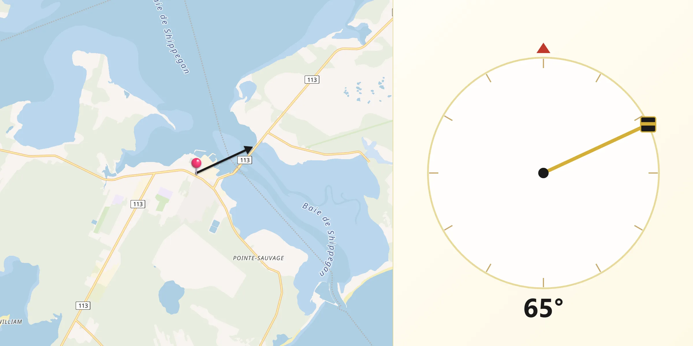 Qibla Direction from Shippagan