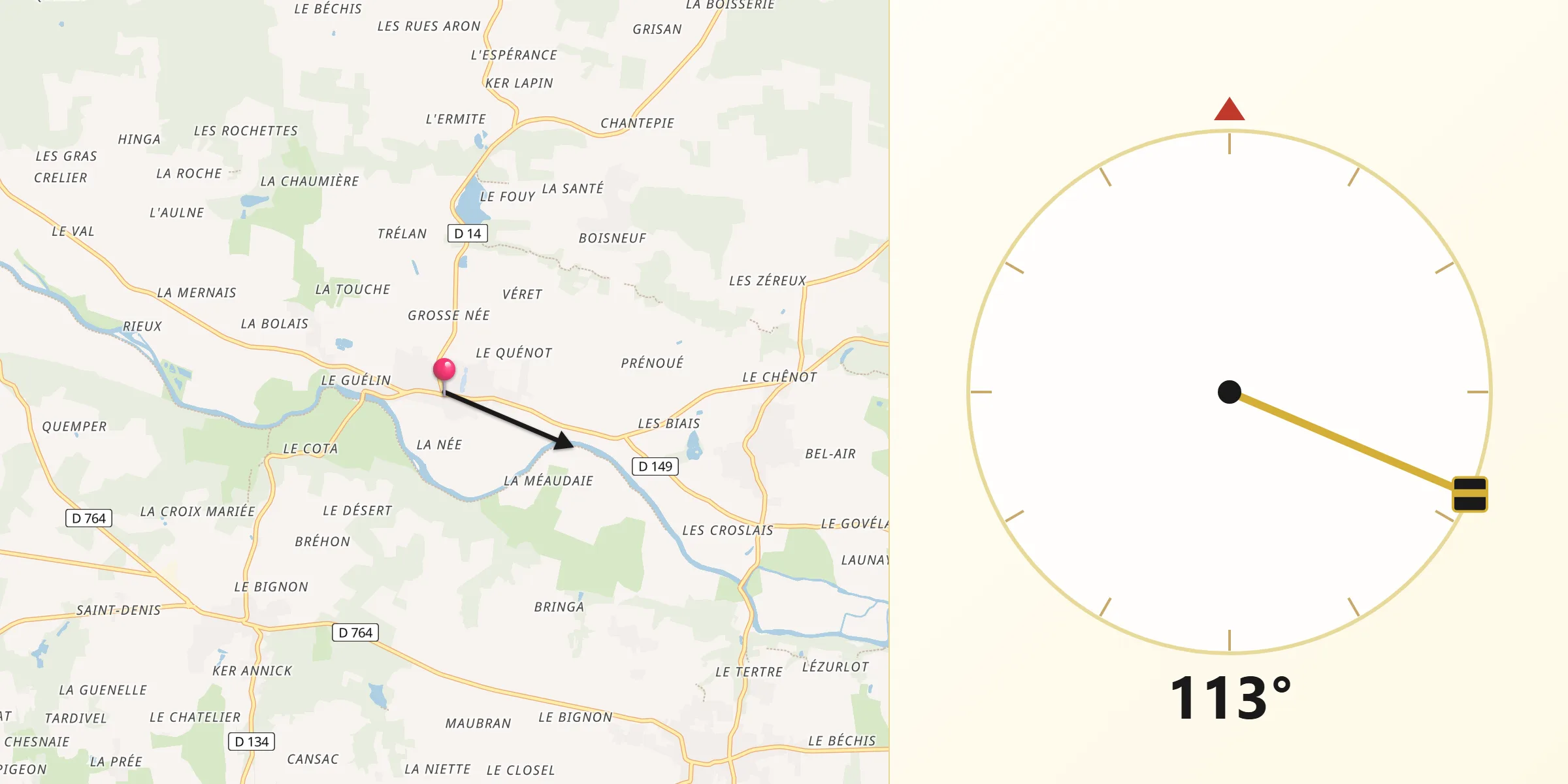 Direction vers la Qibla depuis Saint-Martin-sur-Oust