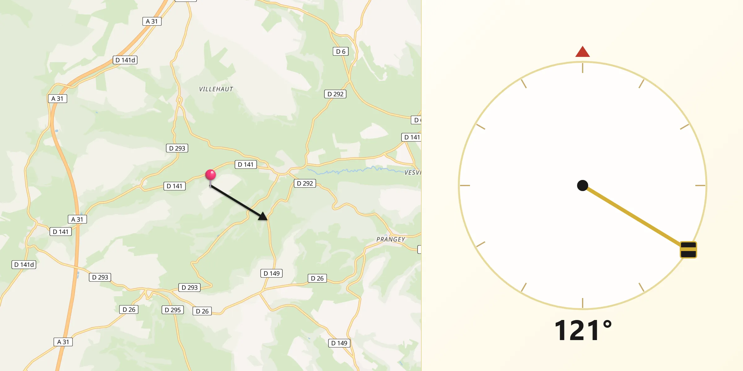 Direction vers la Qibla depuis Baissey
