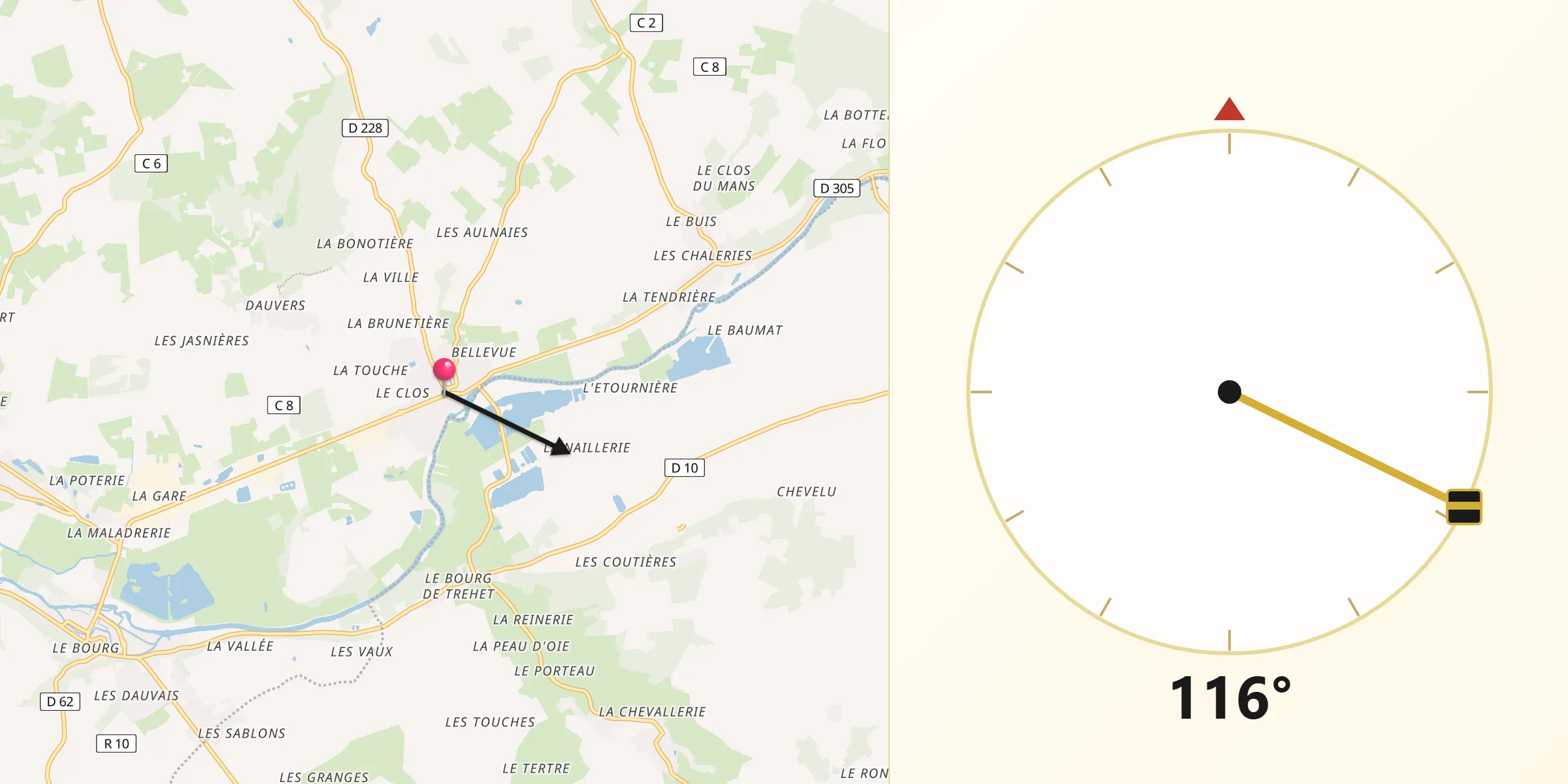 Direction vers la Qibla depuis Ruillé-sur-Loir