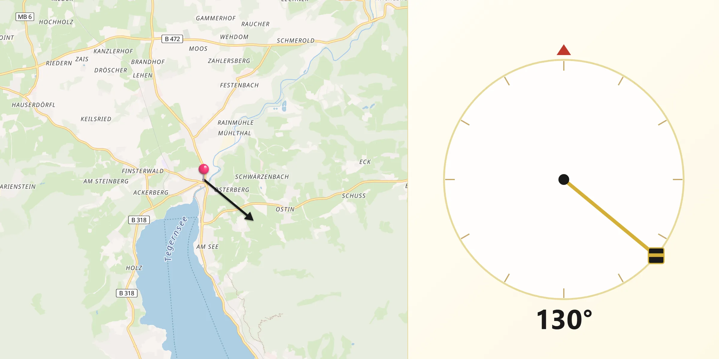 Qibla-Richtung von Gmund am Tegernsee