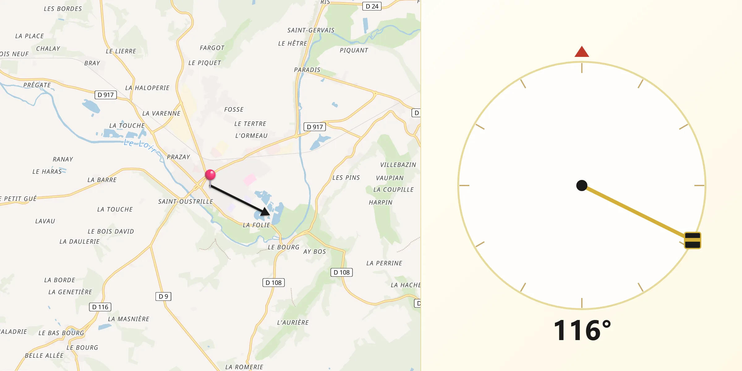 Direction vers la Qibla depuis Montoire-sur-le-Loir