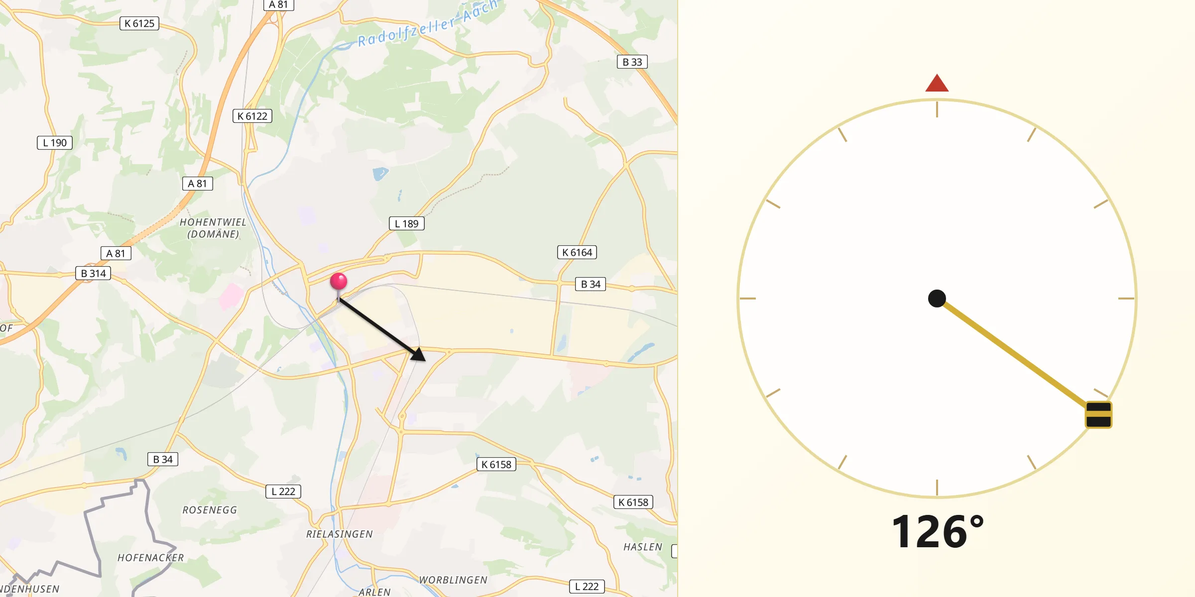 Qibla-Richtung von Singen (Hohentwiel)