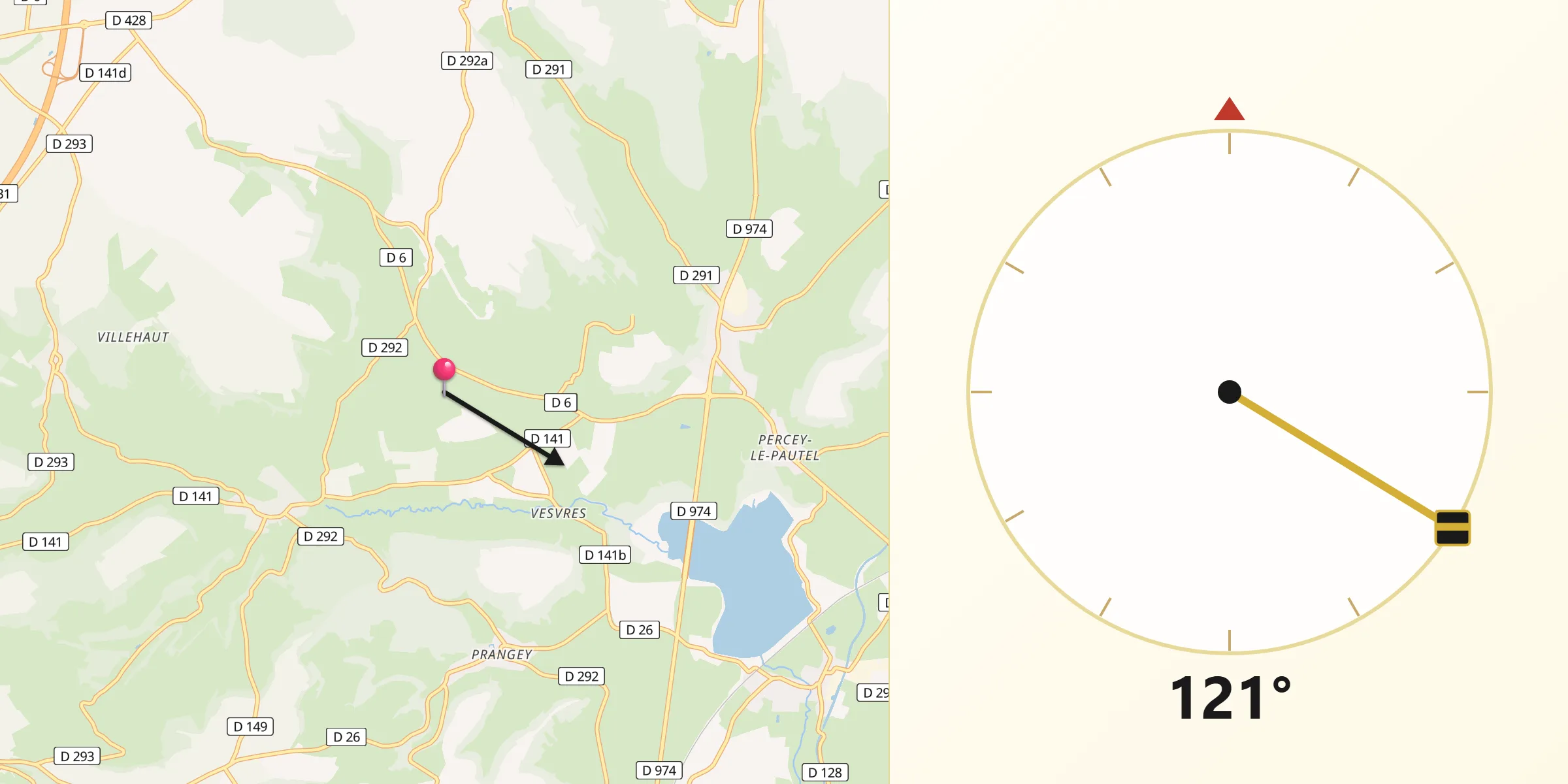Direction vers la Qibla depuis Verseilles-le-Bas