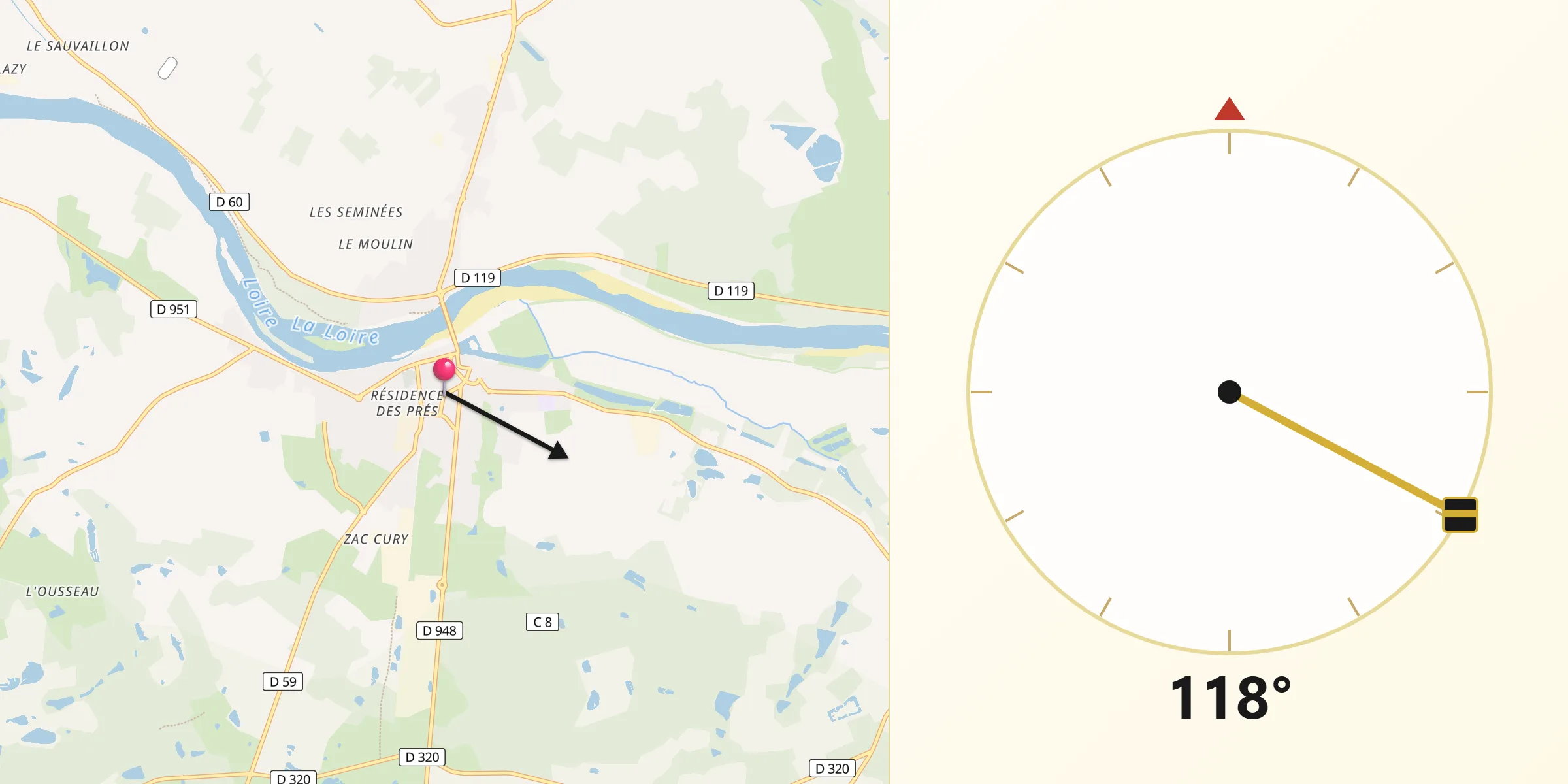 Direction vers la Qibla depuis Sully-sur-Loire