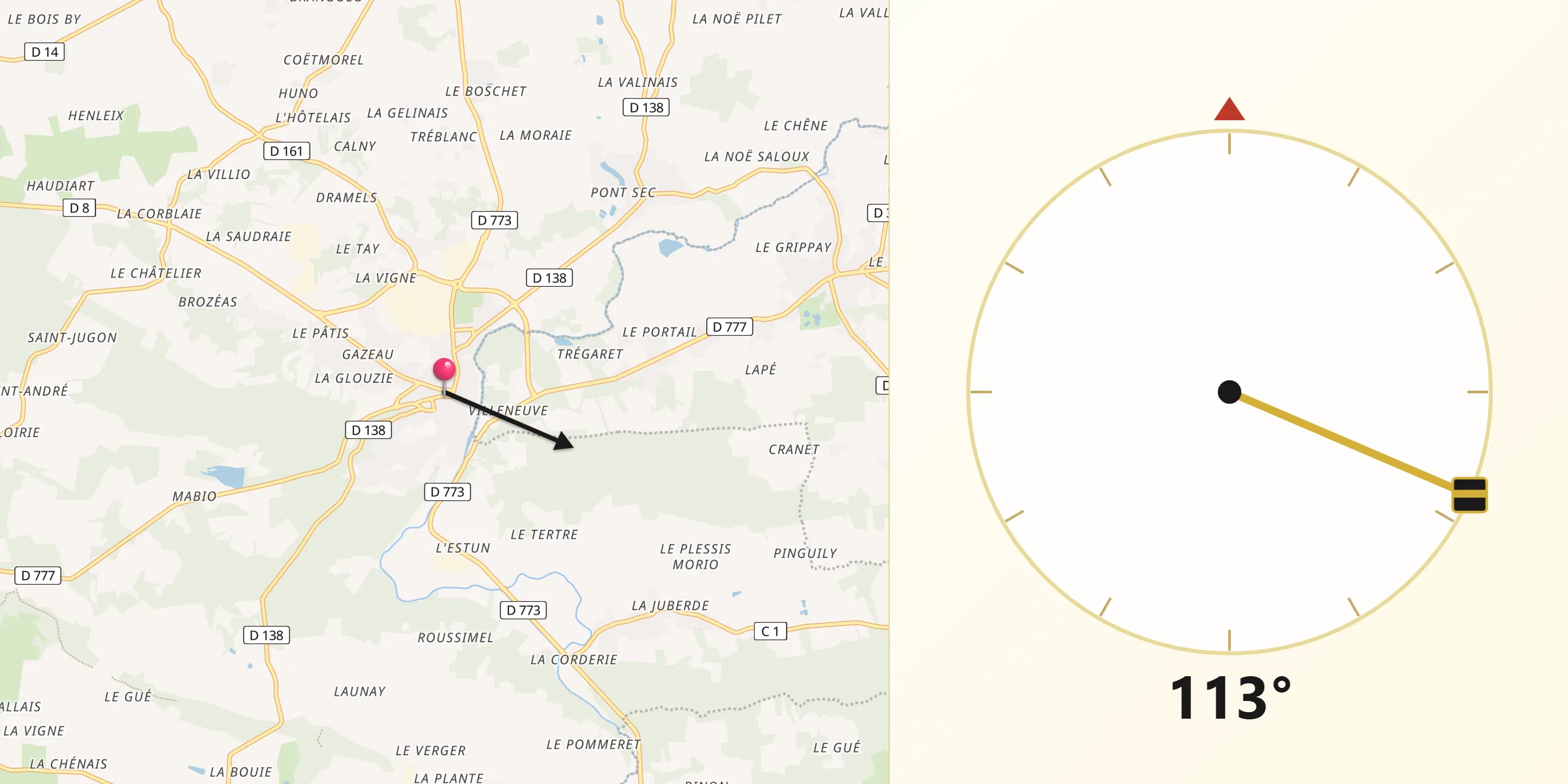 Direction vers la Qibla depuis La Gacilly