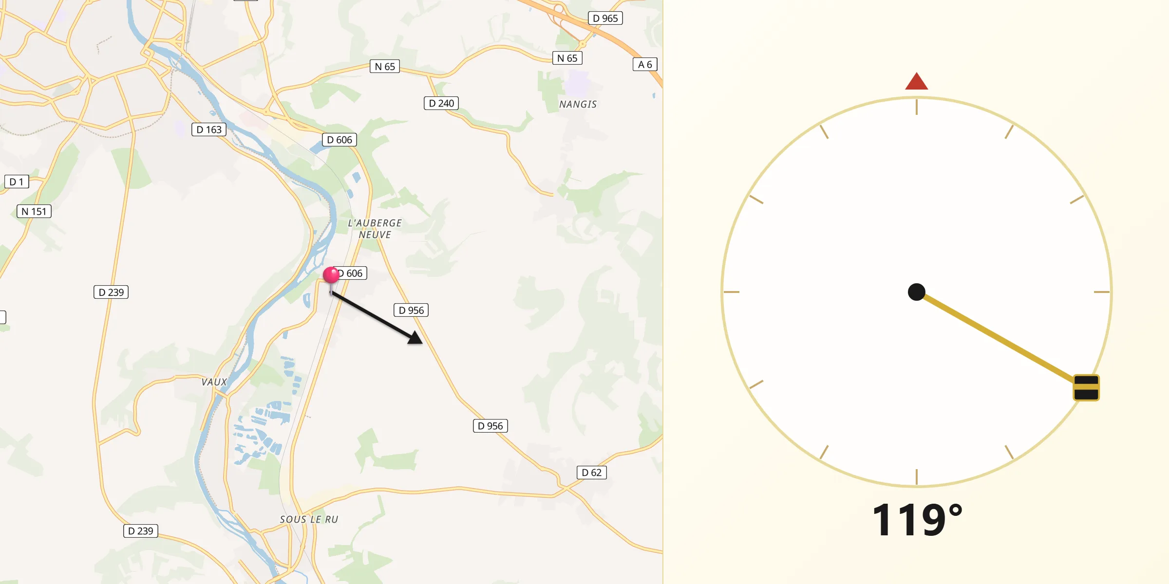 Direction vers la Qibla depuis Augy