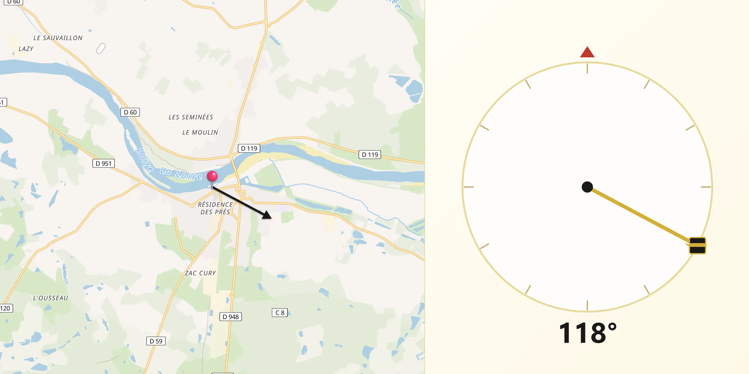 Direction vers la Qibla depuis Saint-Père-sur-Loire