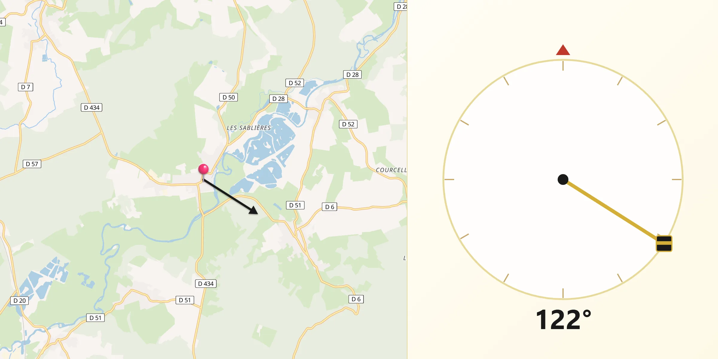 Direction vers la Qibla depuis Faverney