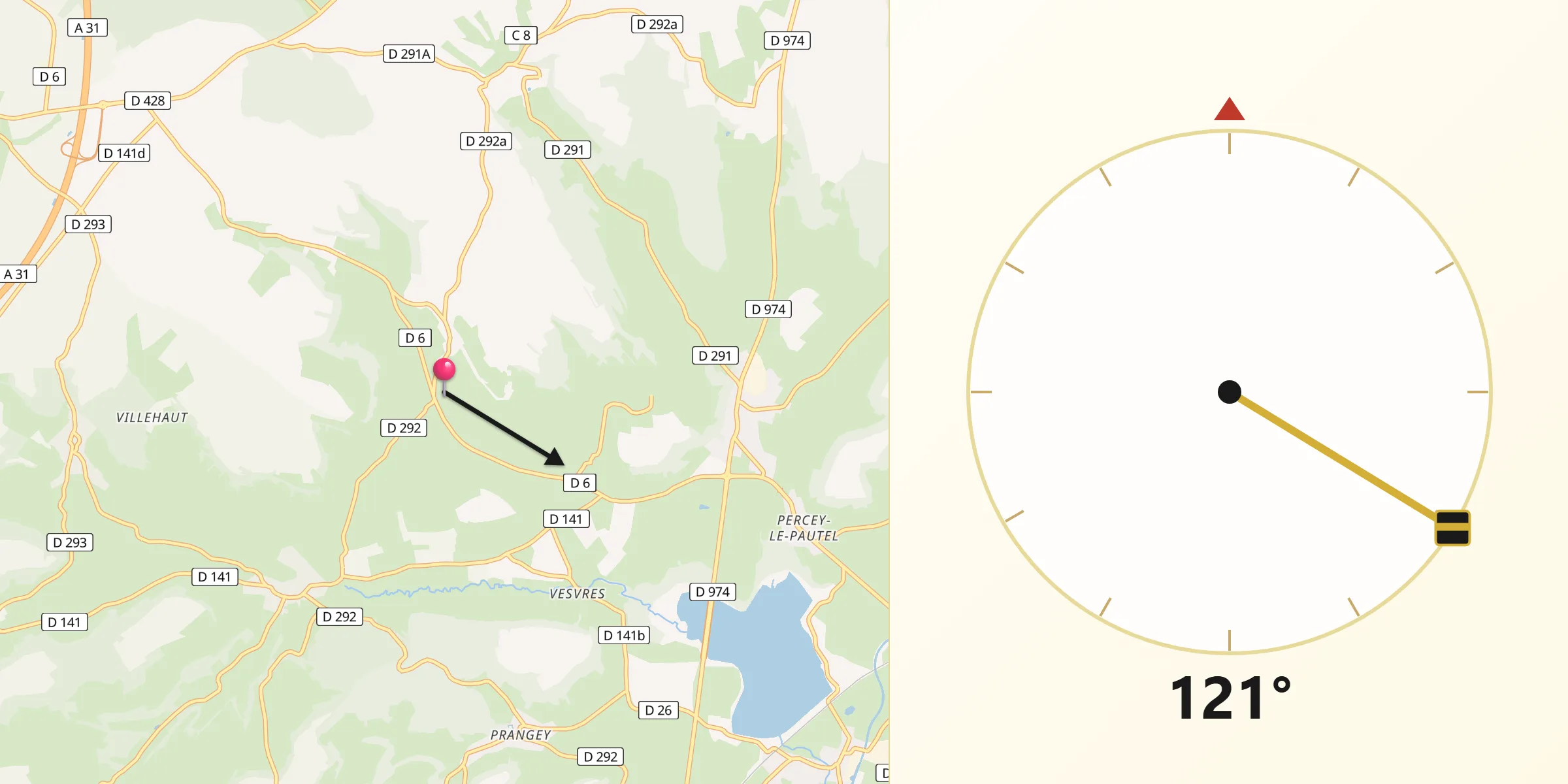 Direction vers la Qibla depuis Verseilles-le-Haut