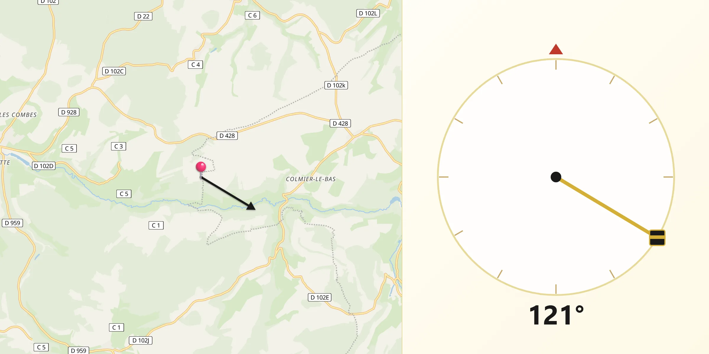 Direction vers la Qibla depuis Colmier-le-Bas
