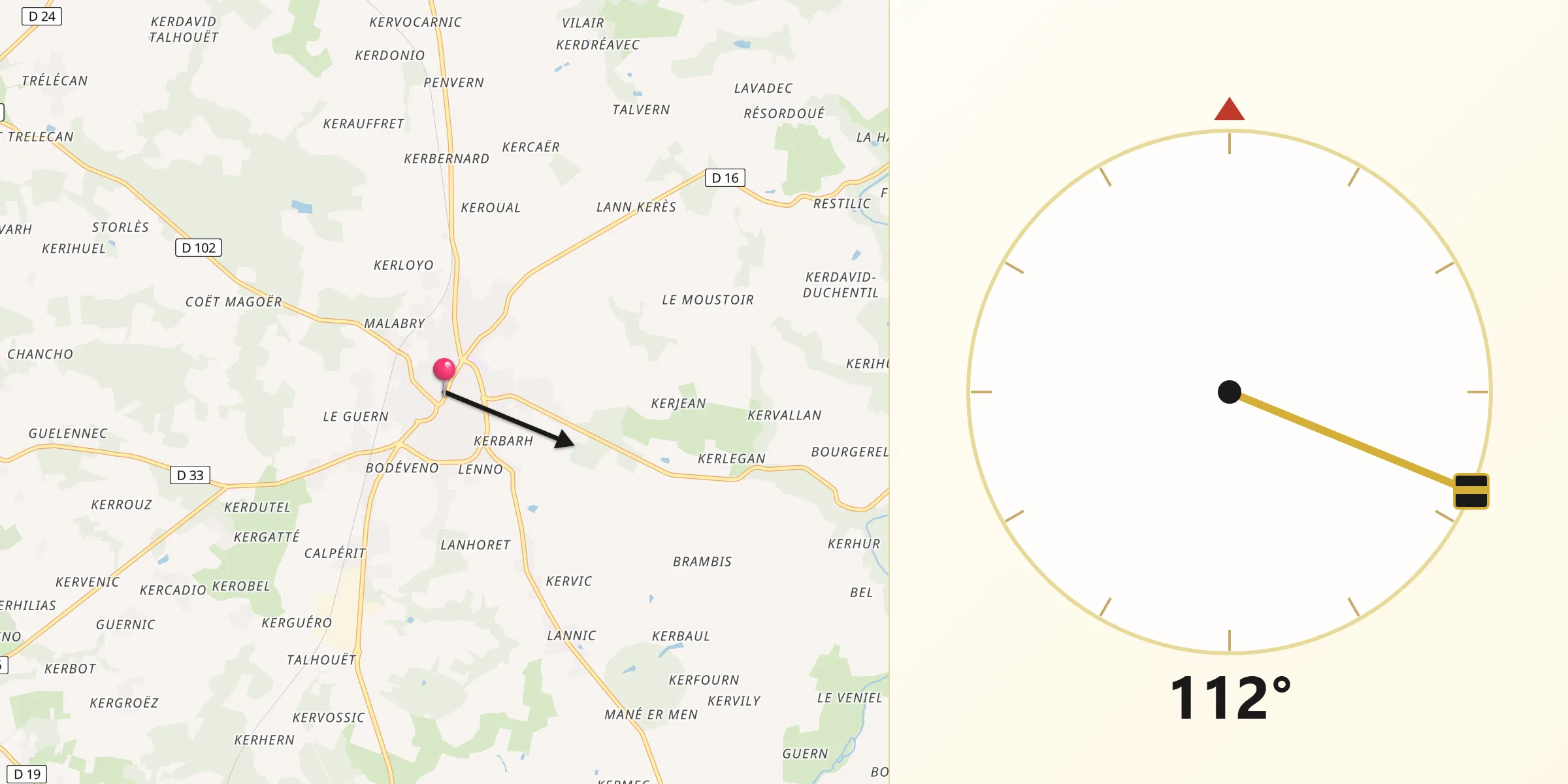 Direction vers la Qibla depuis Pluvigner