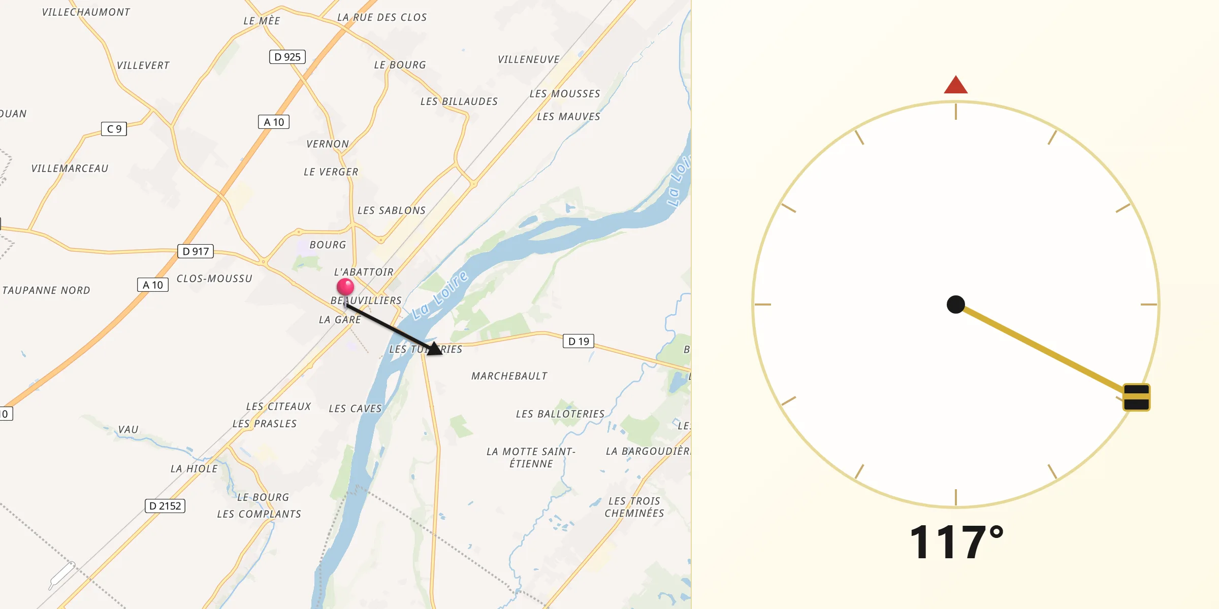 Direction vers la Qibla depuis Beaugency