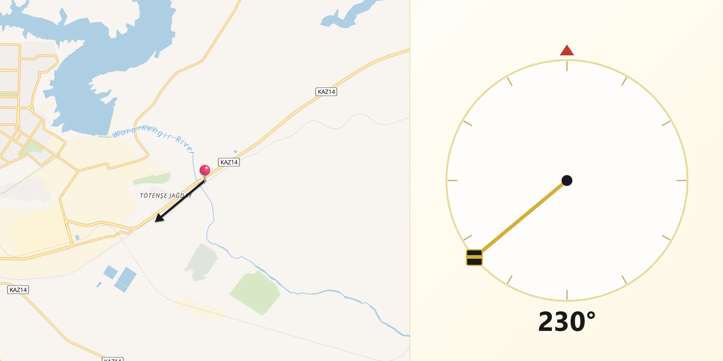 Direction vers la Qibla depuis Zhezqazghan