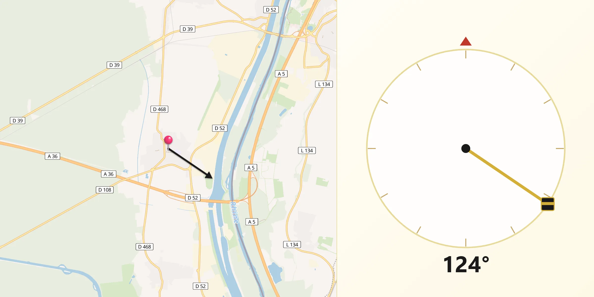 Direction vers la Qibla depuis Ottmarsheim